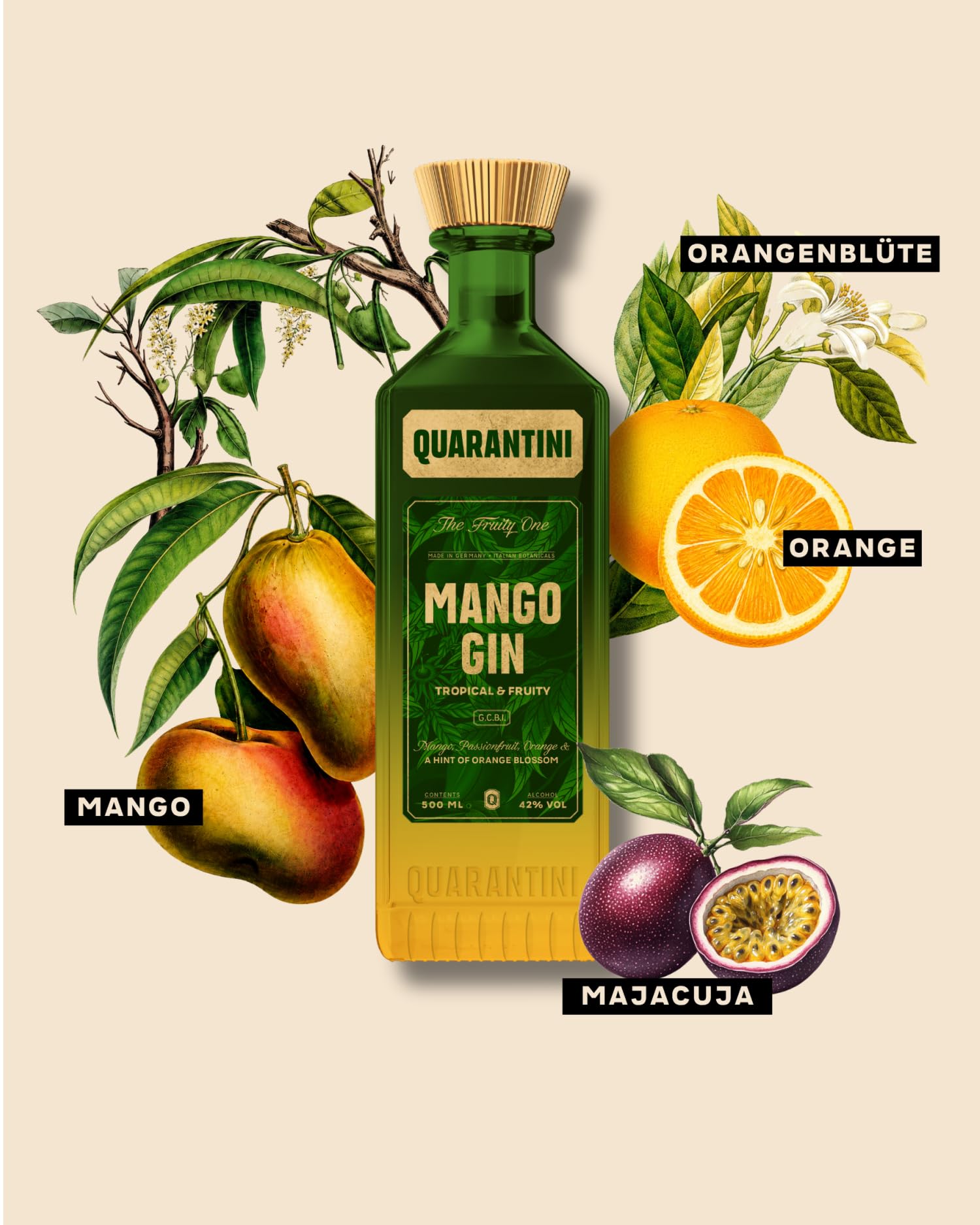 Quarantini Mango Gin (500 ml) – Key-Botanicals: reife Mango, spritzige Maracuja, fruchtige Orange, zarte Orangenblüte und Wacholder