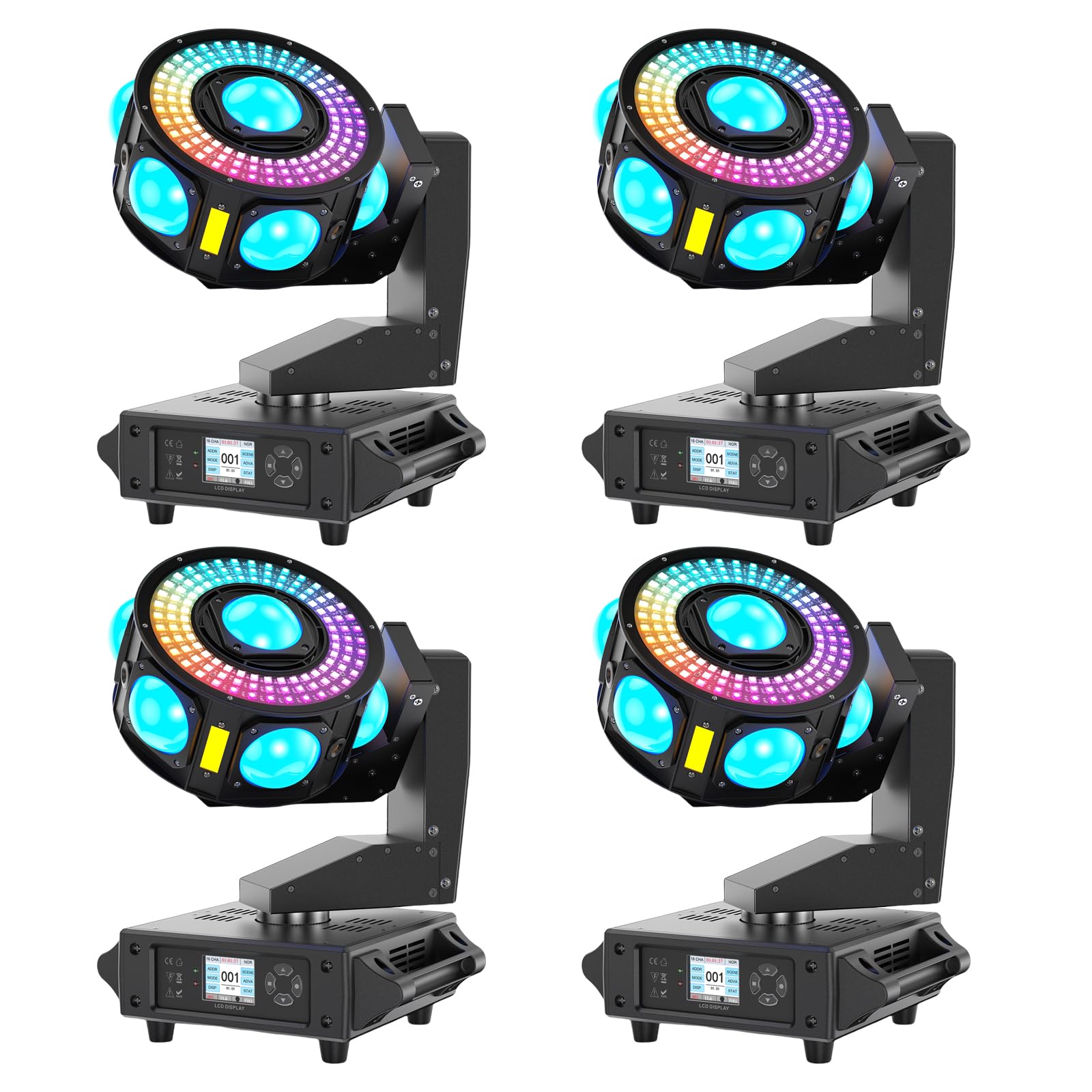 4 Pack 160W 3-Axis Moving Head Lights RGBW 540°Rotation DJ Light with Strobe Effects DMX512 19/25CH with Sound Activated Moving Head Beam Stage Light for Disco Wedding Parties Live Show Bar