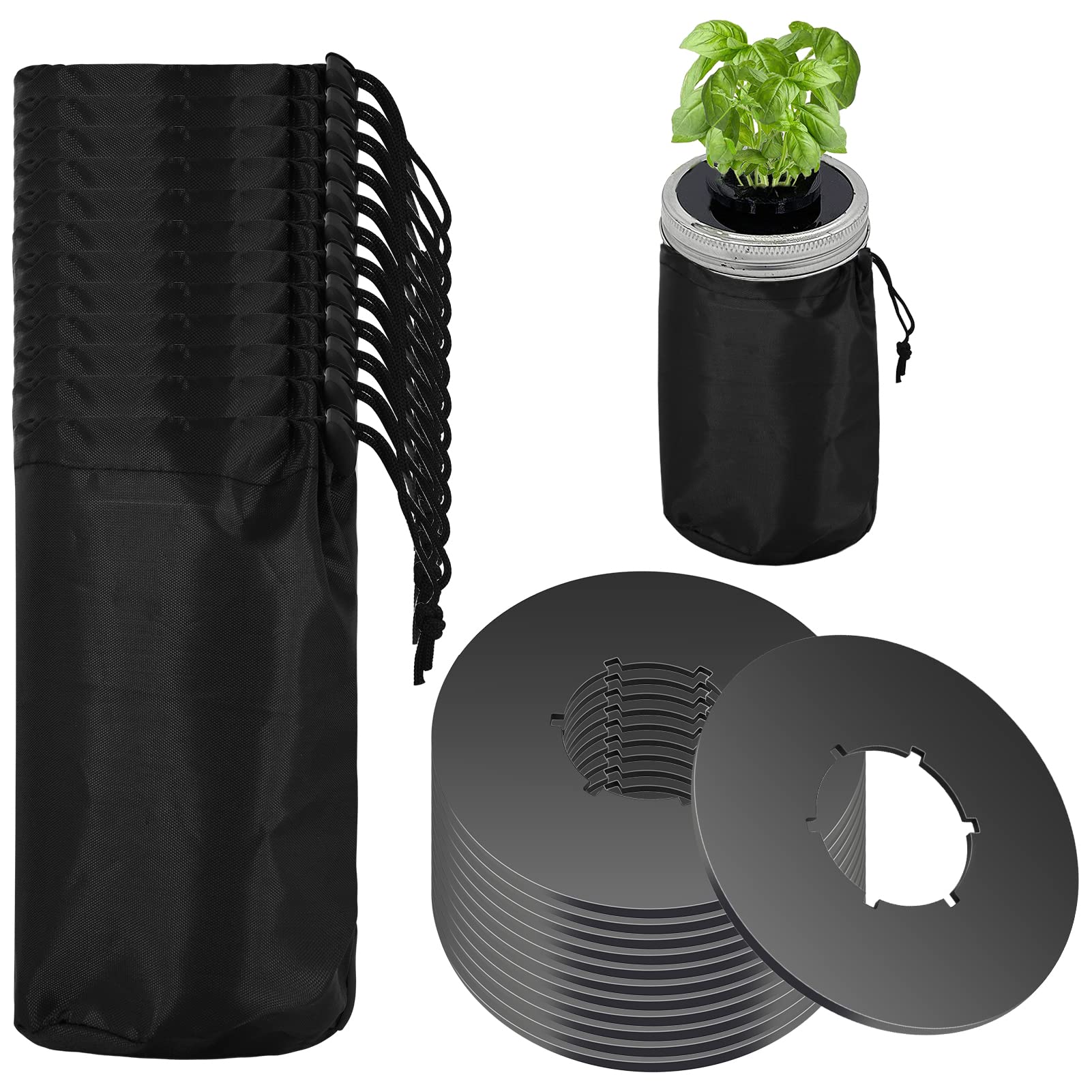 12pcs Kratky Wide Mouth Hydroponic Cover Lids with Blackout Sleeves and Hole for Mason Jars