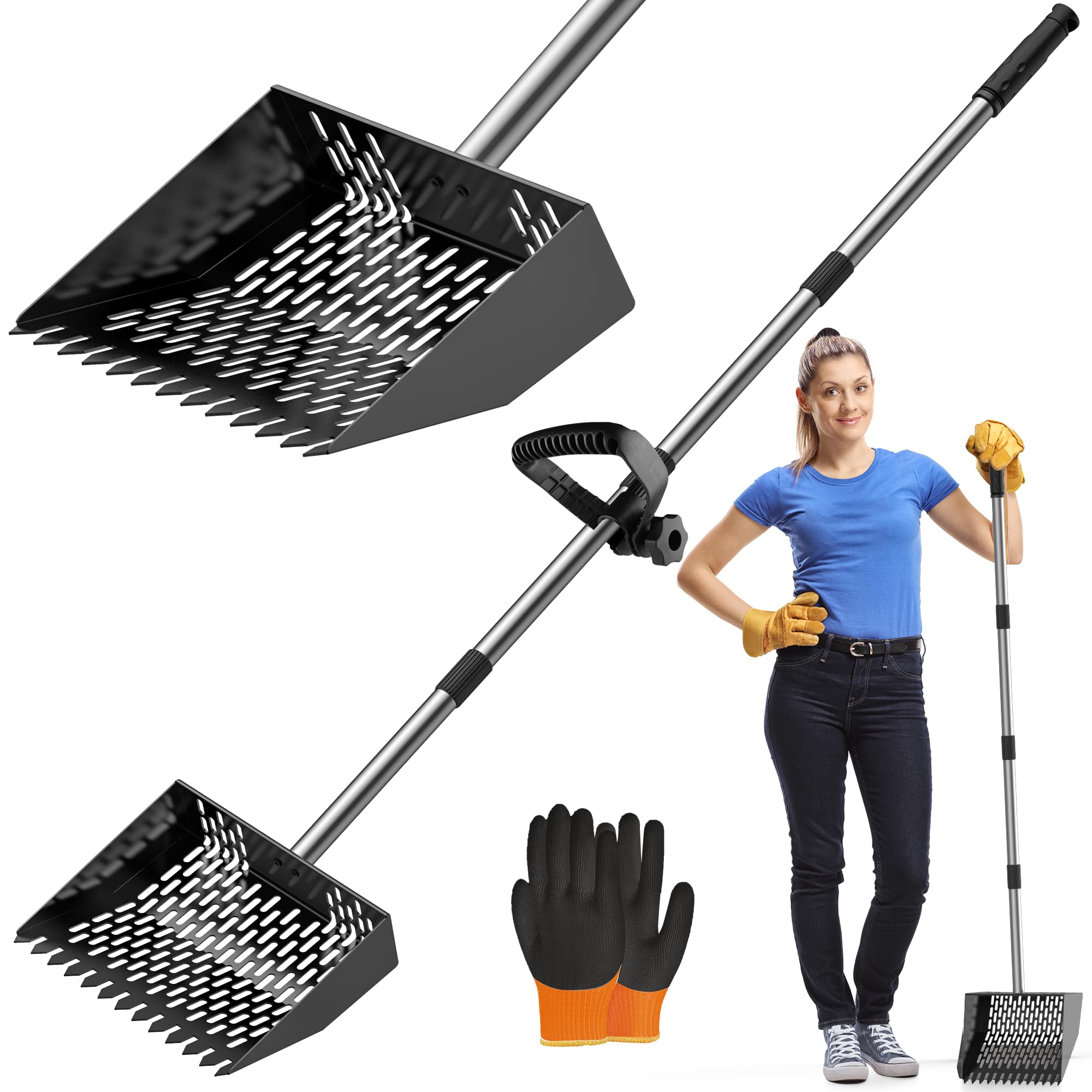 Chicken Poop Scooper & Rake 2-in-1, Adjustable Chicken Coop Pooper Shovel (35 to 62"), Sifting Litter Shovel Scoop for Chicken Coop/Goat Stall/Stable