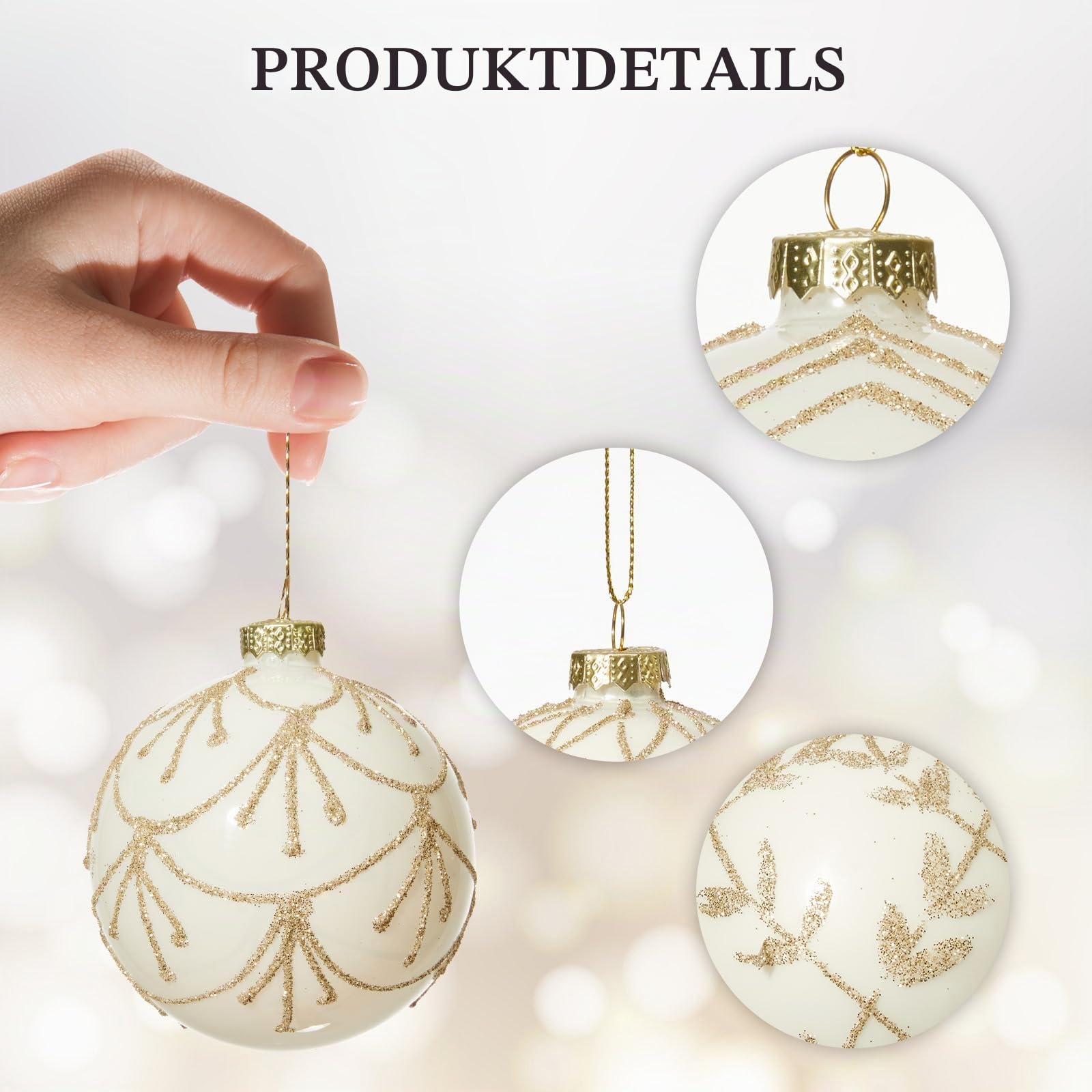 DN DECONATION Weihnachtskugeln Set Weiße Glaskugeln mit Gold Glitzer Linien