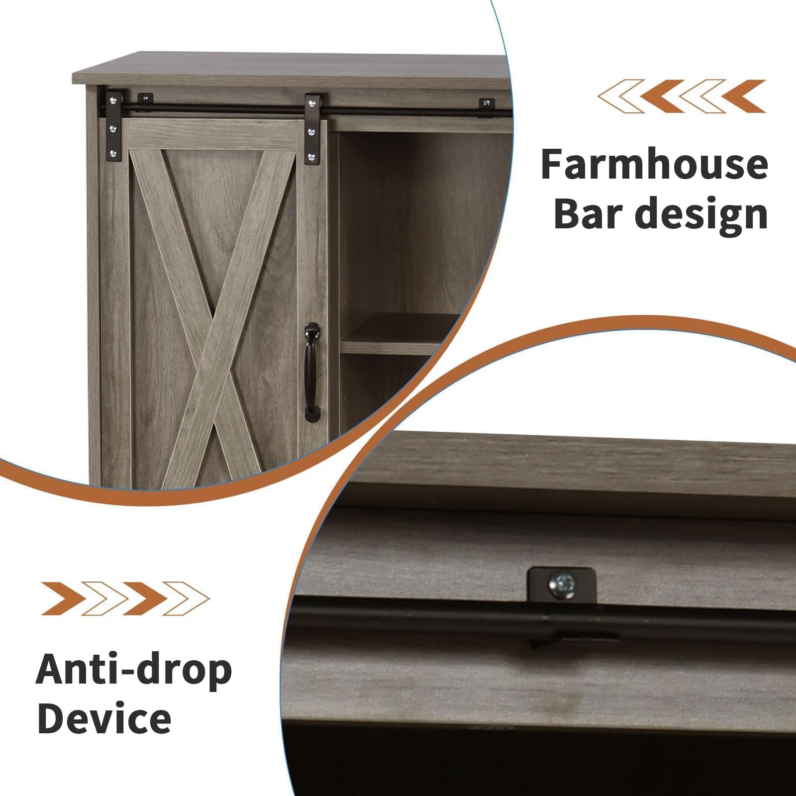 Farmhouse Coffee Bar Buffet Cabinet Sliding Barn Door Adjustable Shelf Grey image 2