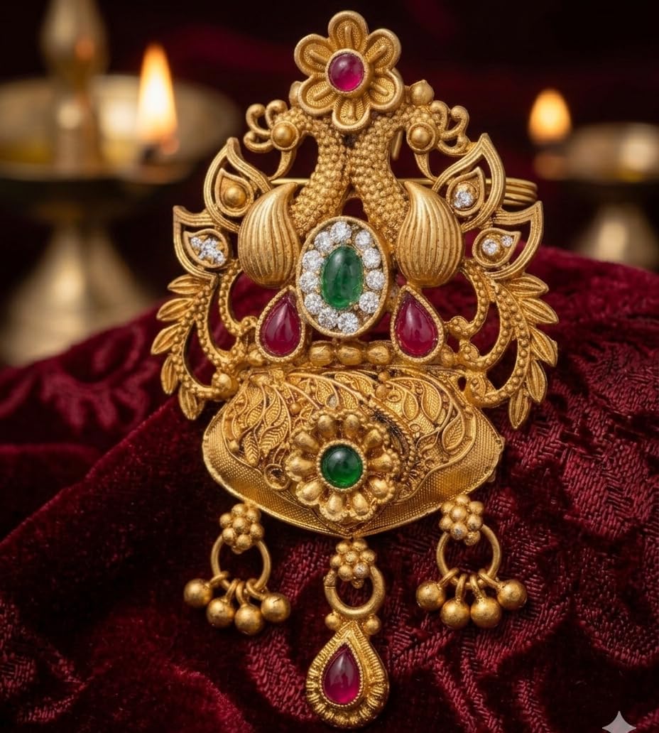 Harishree Enterprise Aesthetic Gold-Plated Saree Pin with Multi-Color Stone Studding-image-42