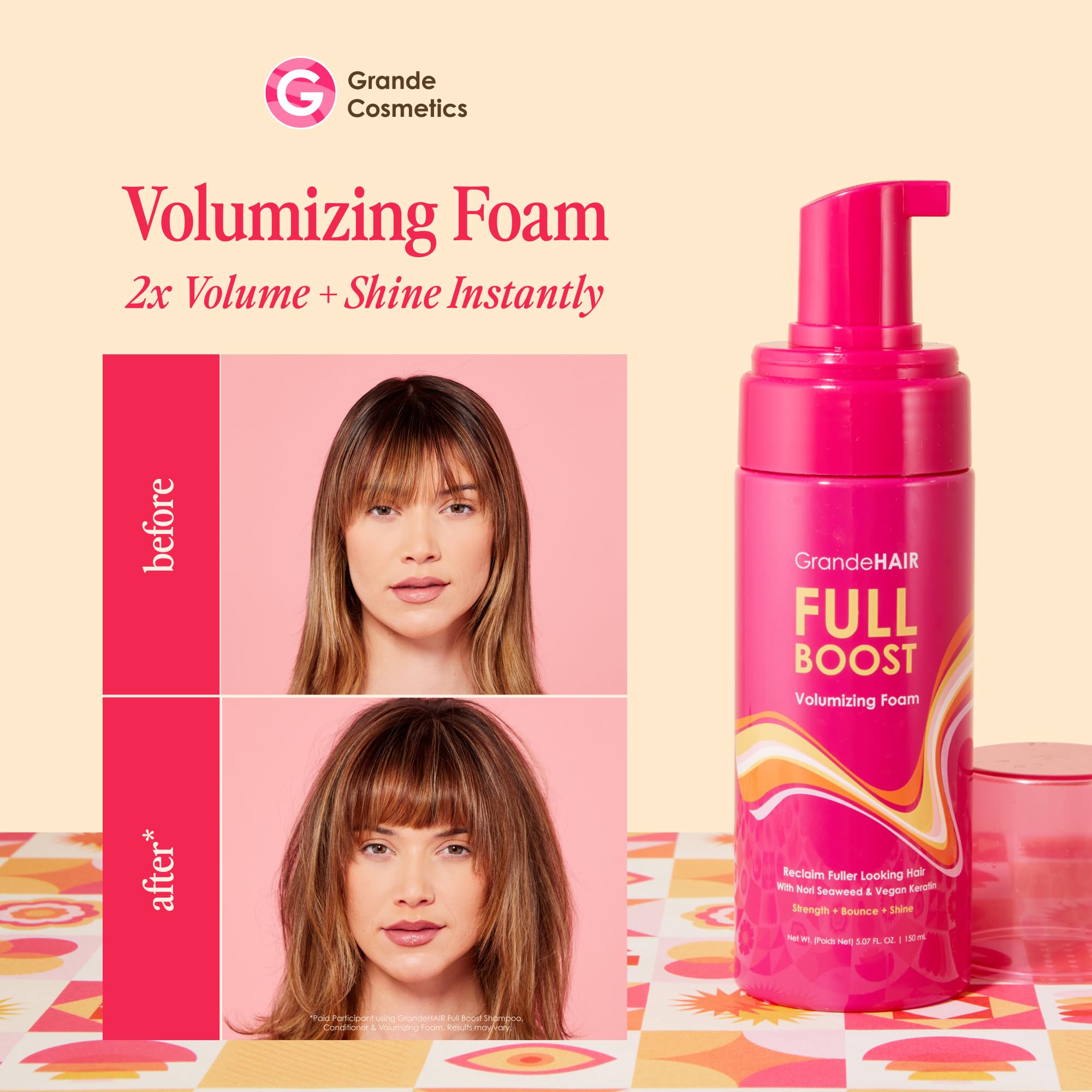 Grande Cosmetics Volumizing Hair Foam For Instant Volume, Body & Fuller Looking Hair, Hair Mousse for Curly Hair, Defines Curls, Non-sticky