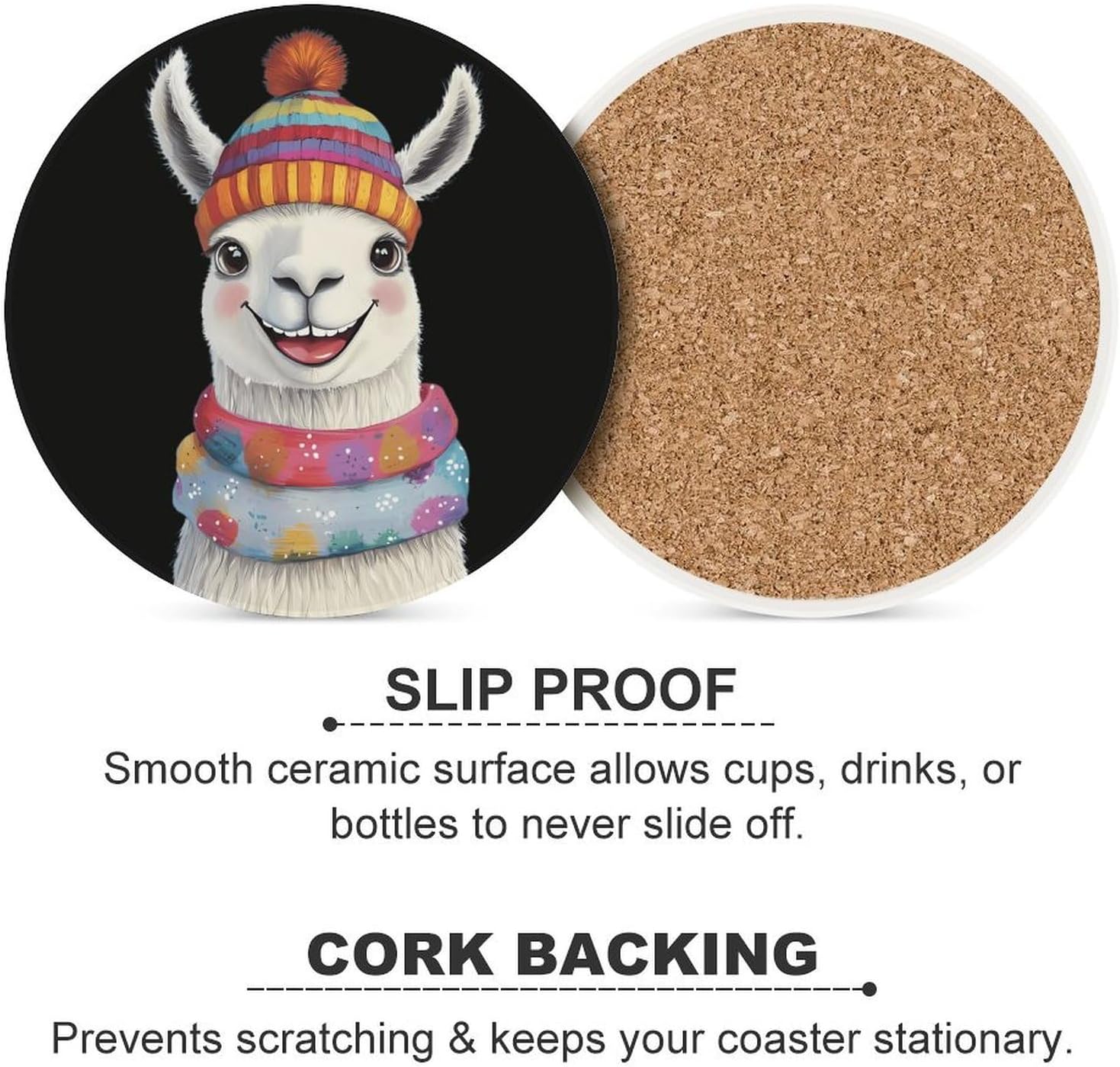 Cute Llama in Winter Round Ceramic Coasters for Drinks Absorbent Cup Holder Tabletop Protector with Cork Base