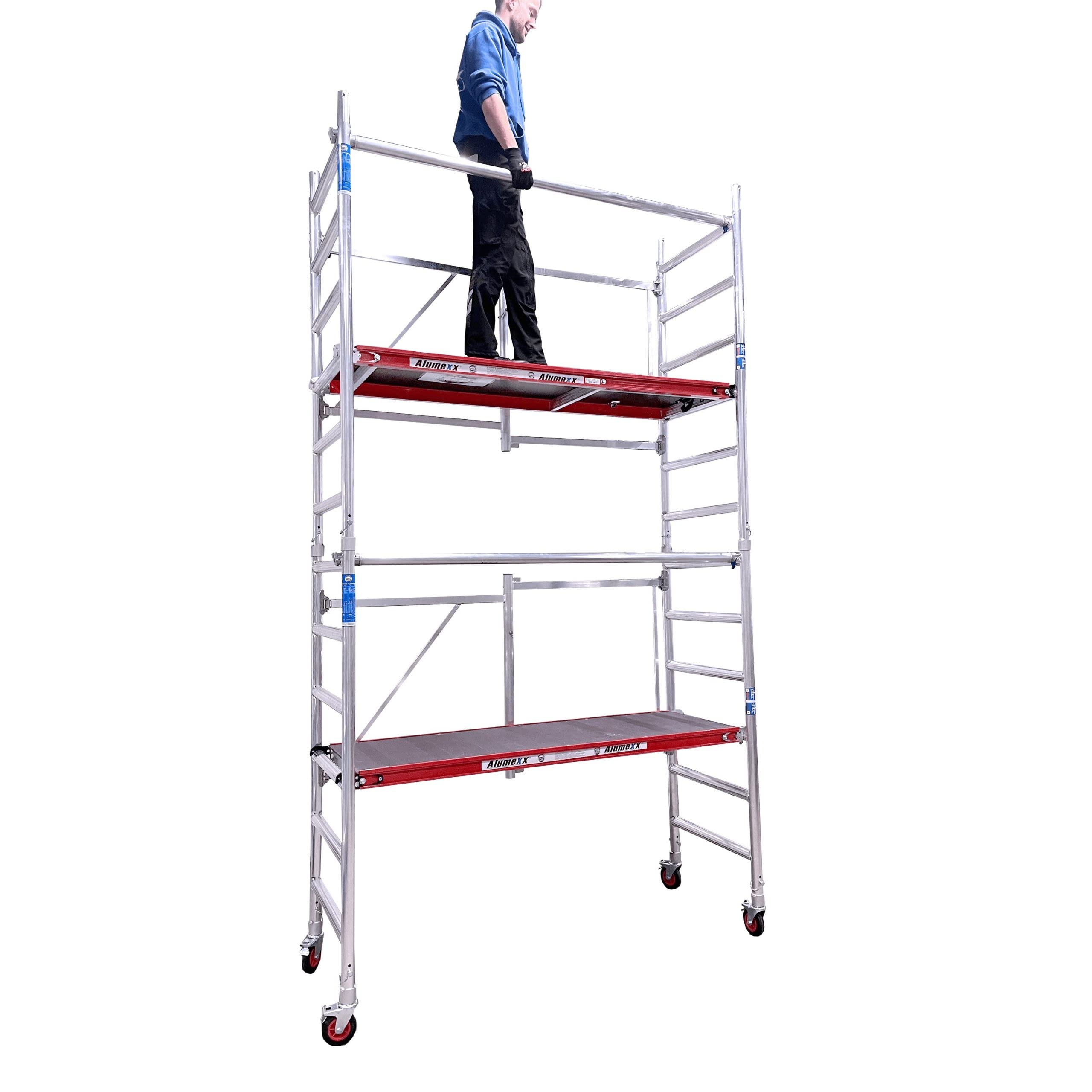 Alumexx Red-Line Trabattello Tipo A (Altezza di lavoro 3 metri) – Trabattello in alluminio pieghevole – Trabattello da interno – Piccolo trabattello – Trabattello da giardino