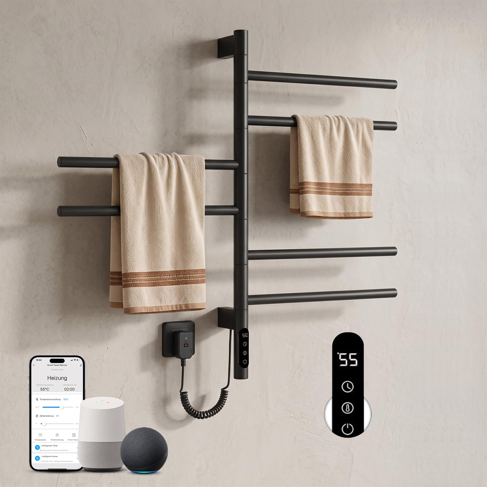 Heilmetz 78x45 mm Sèche-Serviette Électrique 180° Rotatif 135W, Chauffage Salle de Bain WiFi Intelligent avec APP & Commande Vocale, Chauffage à Fibre de Carbone, 30-70℃, Minuterie 1-24h, Noir