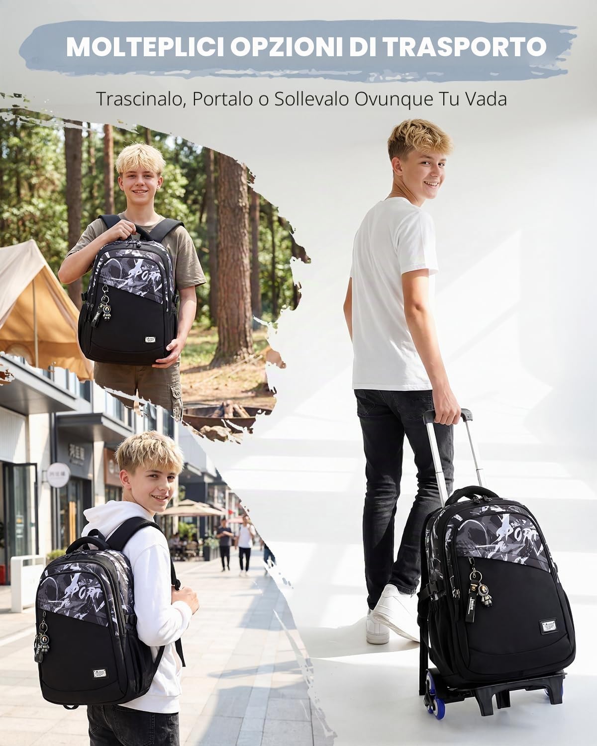 Zaino con Ruote per Ragazzi Adolescenti, 26L Zaini Scuola Trolley Media e Superiore Staccabile, Zaino Ragazzo Impermeabile Nero Graffiti-Daypack da Viaggio con Carrello