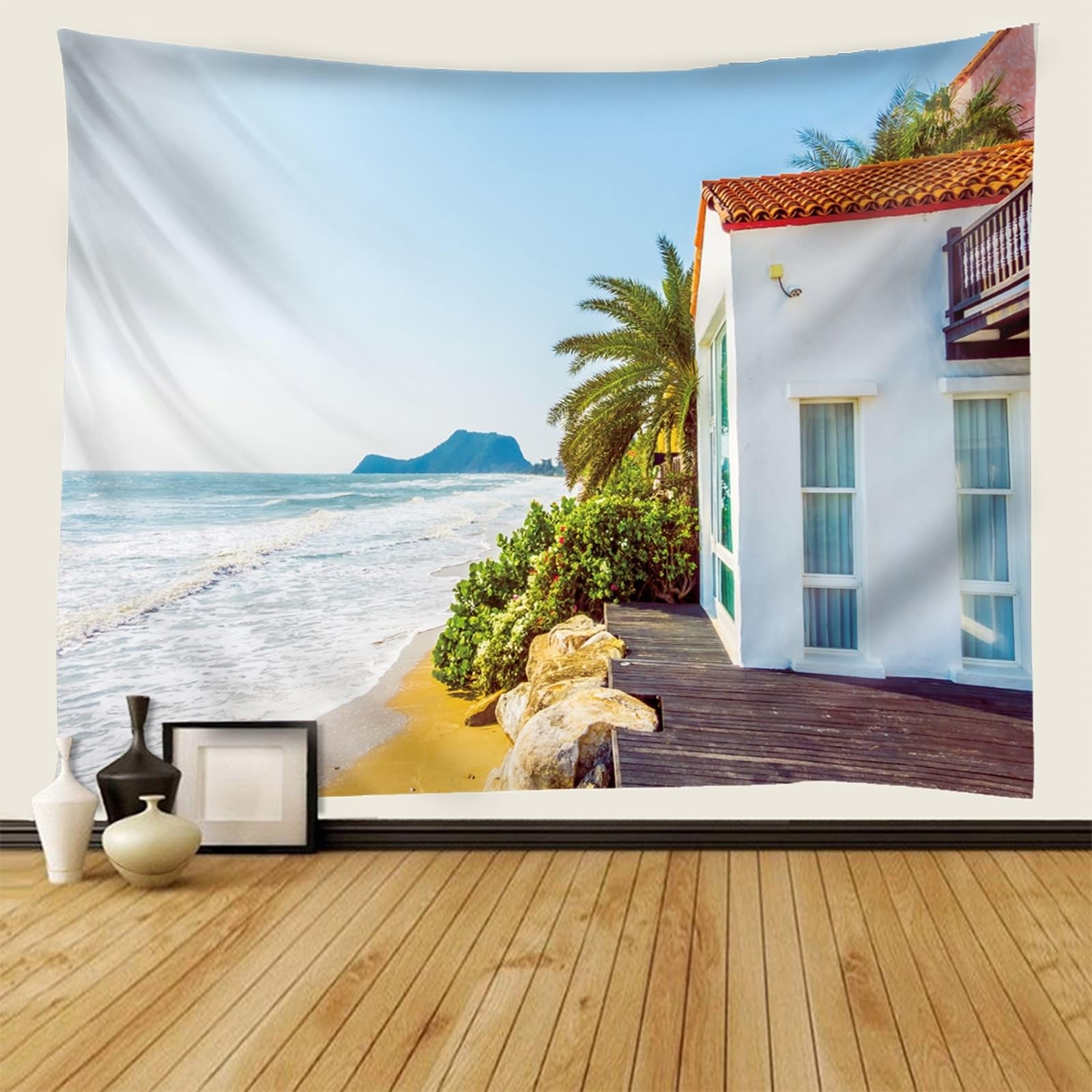 Wandtuch Landschaft Natur XXL, Wandteppich Meeresufer Villa Landschaft Wandteppiche XXL Polyester Accessoires für Wohnzimmer Wanddeko, Hellblau Grün, 300x256cm