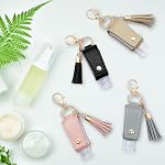4 Pack Travel Hand Sanitizer Keychain, Leather Holder with Funnel | PU Leather Case, PET Bottle, 30ml, Flip Cap Leakproof, Refillable, Tassel Keychain, Black Pink Khaki Grey