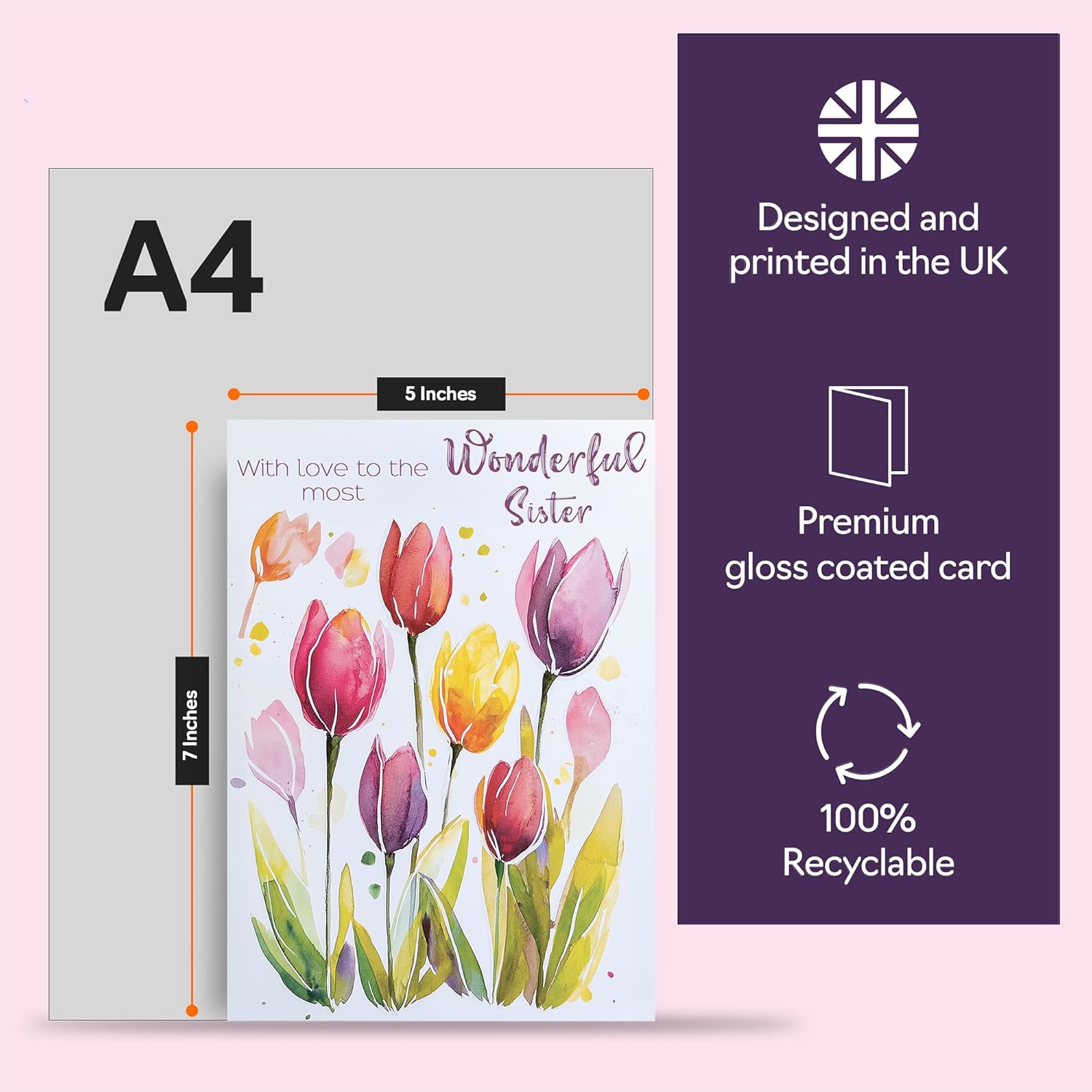 Sister Birthday Card - Watercolour Tulips Flowers - Happy Birthday Card for Sister from Brother Sister, A5 Female Floral Bday Greeting Cards