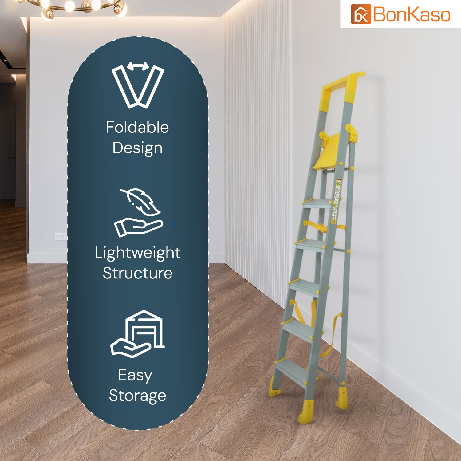 BonKaso Climb Lite Pro+ 6 Step - Foldable Ladder with Tool Tray (125W x 185H Cm)| Heavy-Duty, Anti-Slip & Firm Grip, Load Capacity Upto 120kg | Durable & Portable (Aluminium Steps, Yellow & Satin) — Amazon image 3