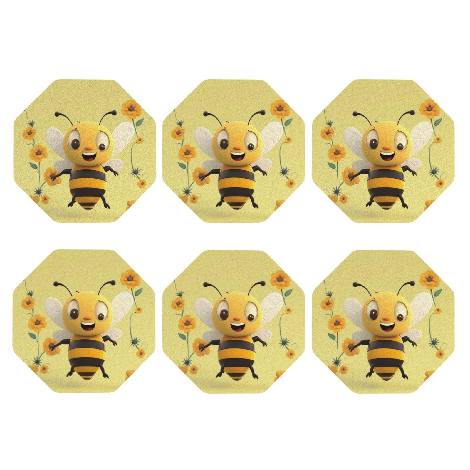 6pcs Leather Coasters for Drinks, Happy Bee Drink Coasters for Tabletop Protection, 4" Cup Coasters for Coffee Table Decor, Non-Slip Drinking Cup Mat for Hot Or Cold Drink
