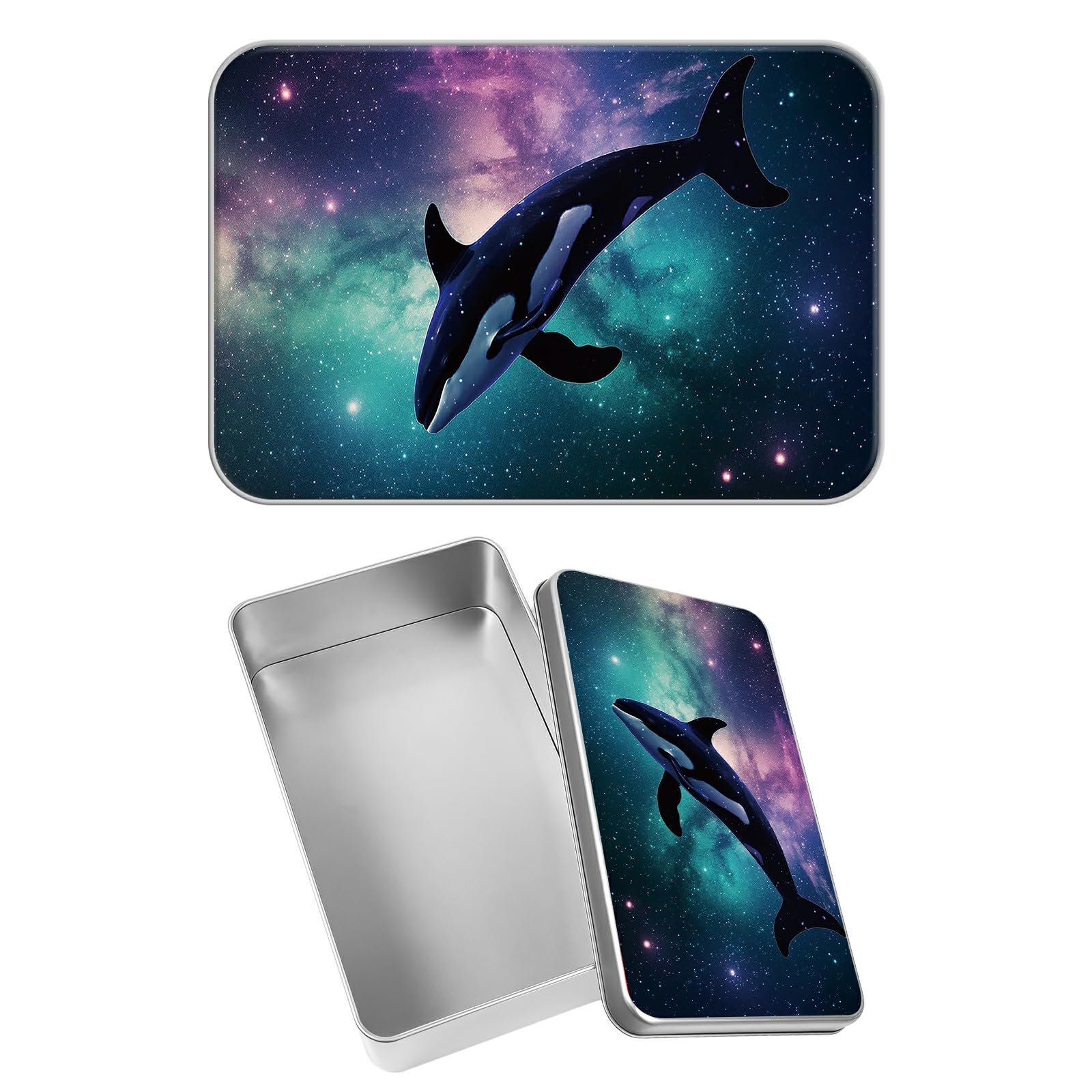 Rectangular Metal Tin Box with Removable Lid, Whales Galaxy Decorative Printed Metal Storage Container for Sweets Jewelry Tea Candies Cakes 7 x 4.33 x 2.17 inch– Single Pack