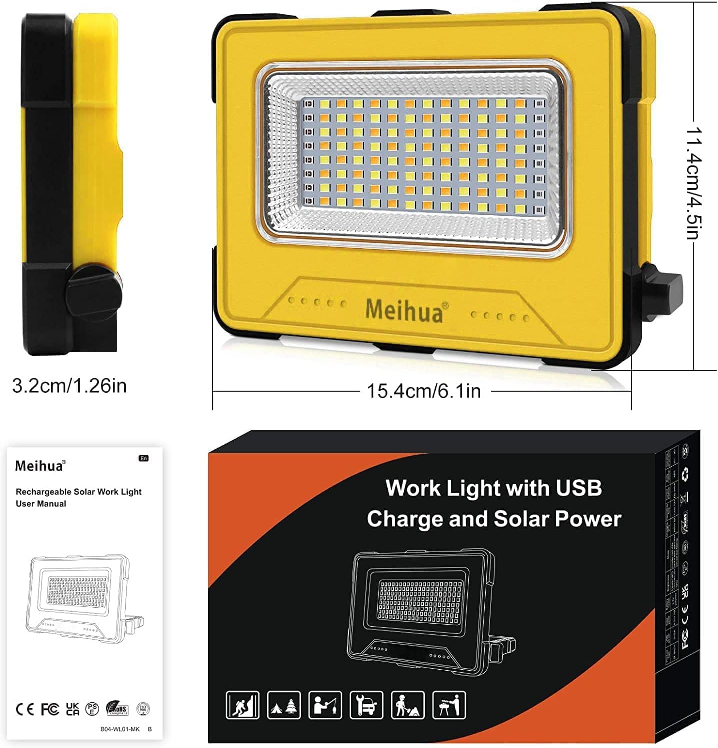 MEIHUA Faro LED Ricaricabile 60W 12000 mAh, Faretto LED Portatile, 4 Modalità, 5 Luminosità, Power Bank, Ricarica USB o Solare, Luce da Lavoro per Cantieri, Campeggio, Emergenza, Pesca