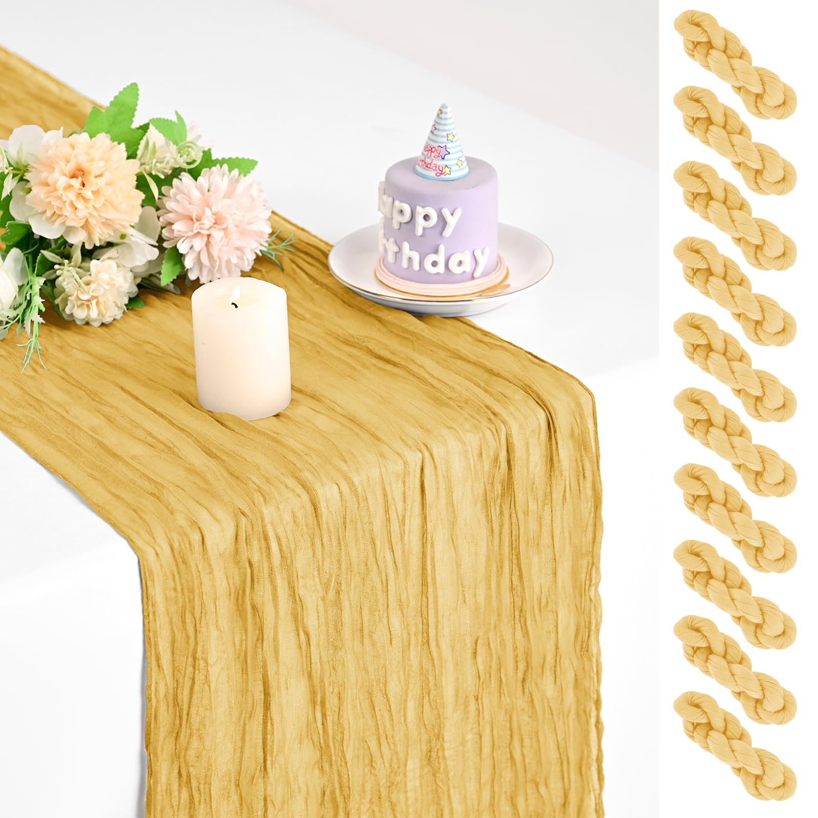 Teruntrue 10 Pack Gold Cheesecloth Table Runner 17x108 Inch, Boho Gauze Sheer Fabric Cheese Cloth Table Runners for Wedding Party Bridal Shower Birthday Home Decor Garden Farmhouse