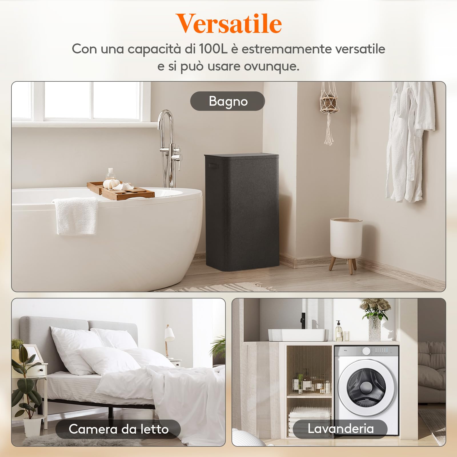 Lifewit Cesta Portabiancheria Salvaspazio con Coperchio 100L, Cesto Portabiancheria con Borsa Rimovibile, Portabiancheria Sporca Pieghevole per Camera da Letto, Bagno, Lavanderia, Nero