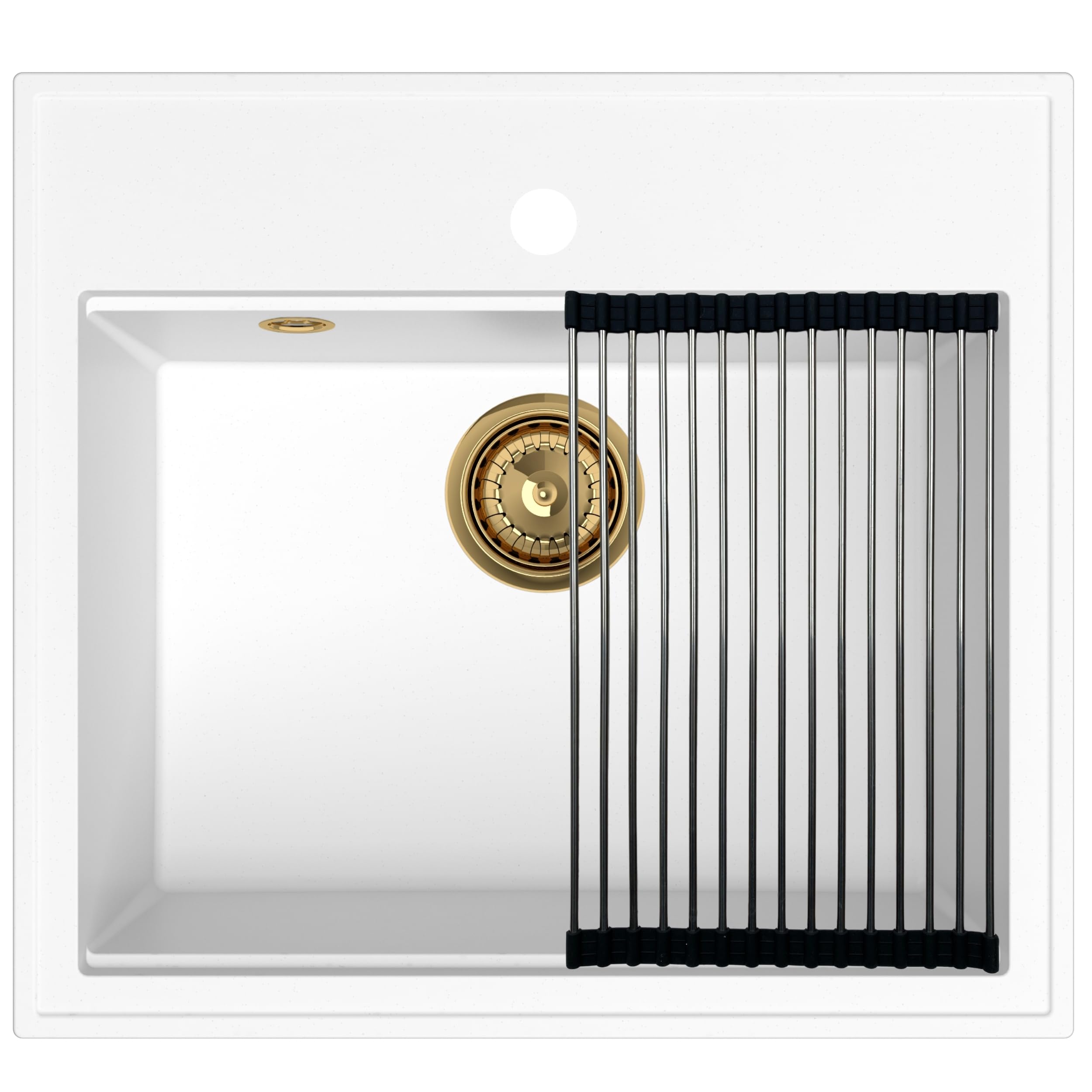 SINK QUALITY zlewozmywak granitowy biały 56 x 51 cm – zlewozmywak granitowy ze złotym syfonem i impregnacją – zlewozmywak do szafek od 60 cm szerokości – pojedynczy zlew do zabudowy – umywalka do