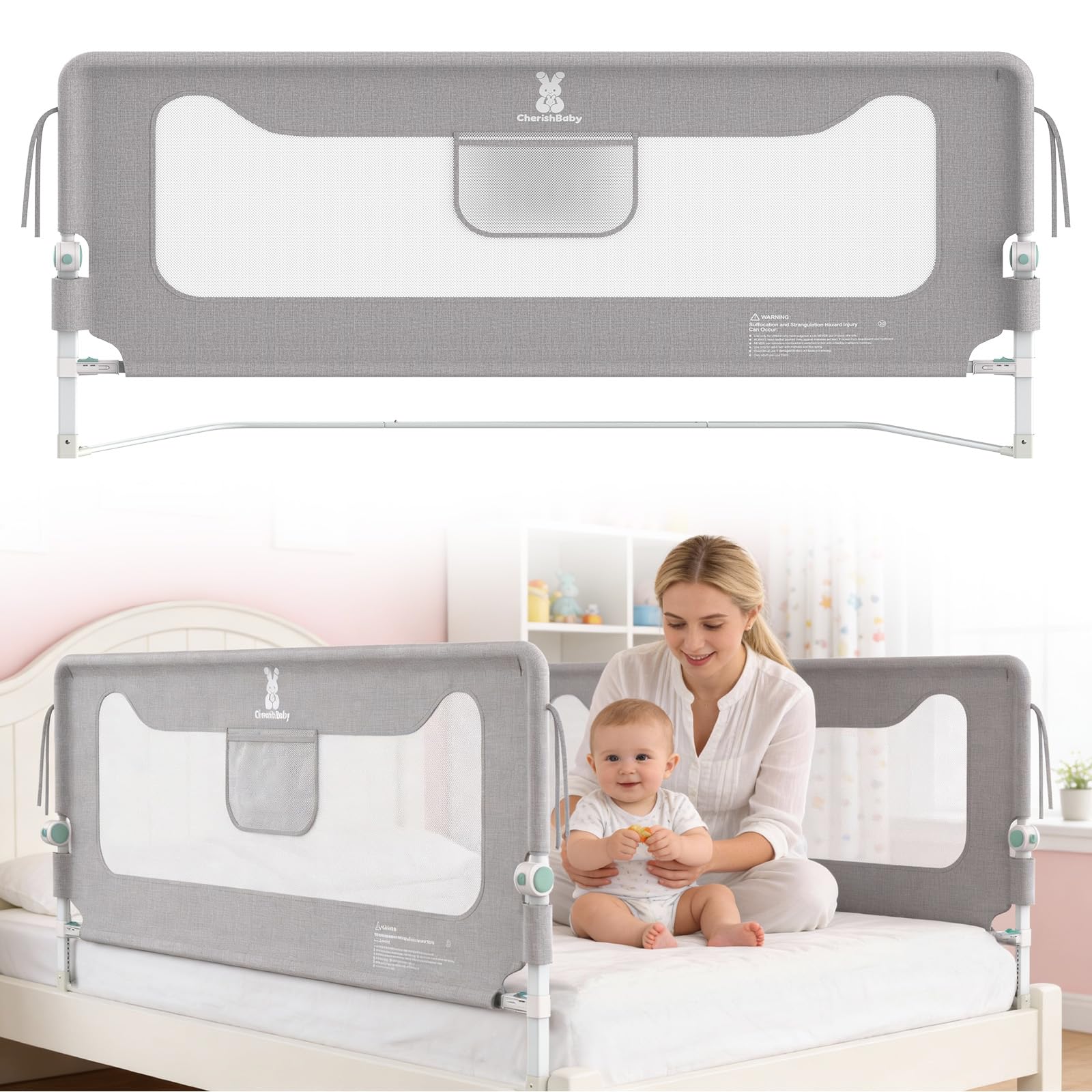 Verdego 2er-Set Rausfallschutz Bett 150 cm, Rausfallschutz Boxspringbett Klappbar, 300D Oxford Stoff, Bettschutzgitter Höhenverstellbar, Bettgitter Rausfallschutz Einfache Montage, Grau