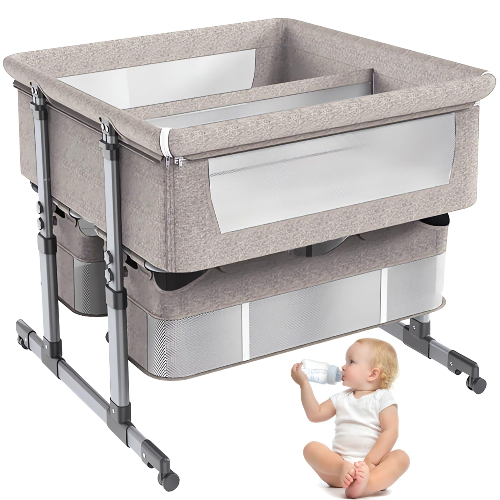 Cama para Bebé Gemela,Cuna de colecho con Colchón con 6 Ajustes de Altura,Plegable Cuna de Noche con Rampa Antirreflujo,Separador Extraíble y Ruedas Silenciosas,para Bebés de 0 a 3 Años (Caqui)