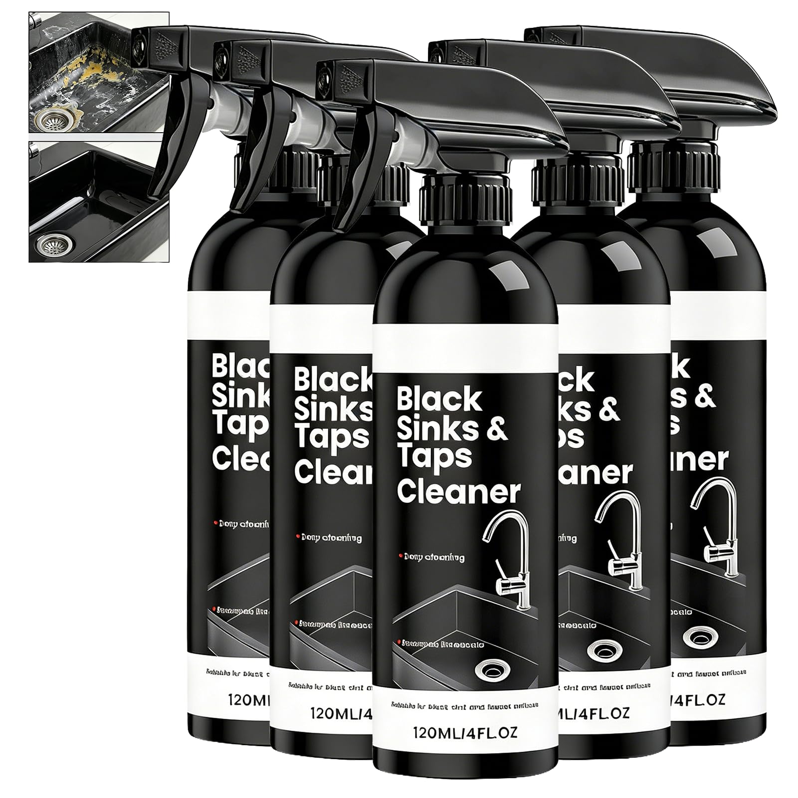 Multi Surface Black Sinks & Taps Cleanser, Hard Water Mark Removal Spray, 2026 New Stainless Steel Basin & Cookware Cleaner, Limescale Eliminator Fit for Diverse Kitchen Basin Surfaces (5 stücke)
