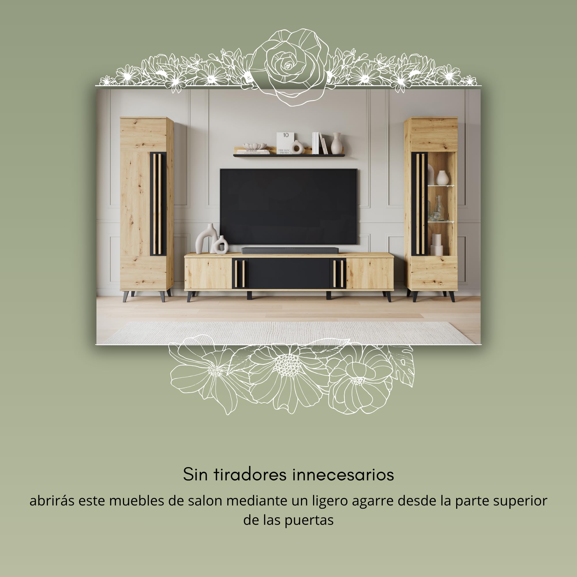 Conjunto Muebles de Salon Modernos Helsinki II - Juego de Mueble TV Salon, Dos Armarios Colgantes y un Estante Colgante - Comedor Completo sin LED