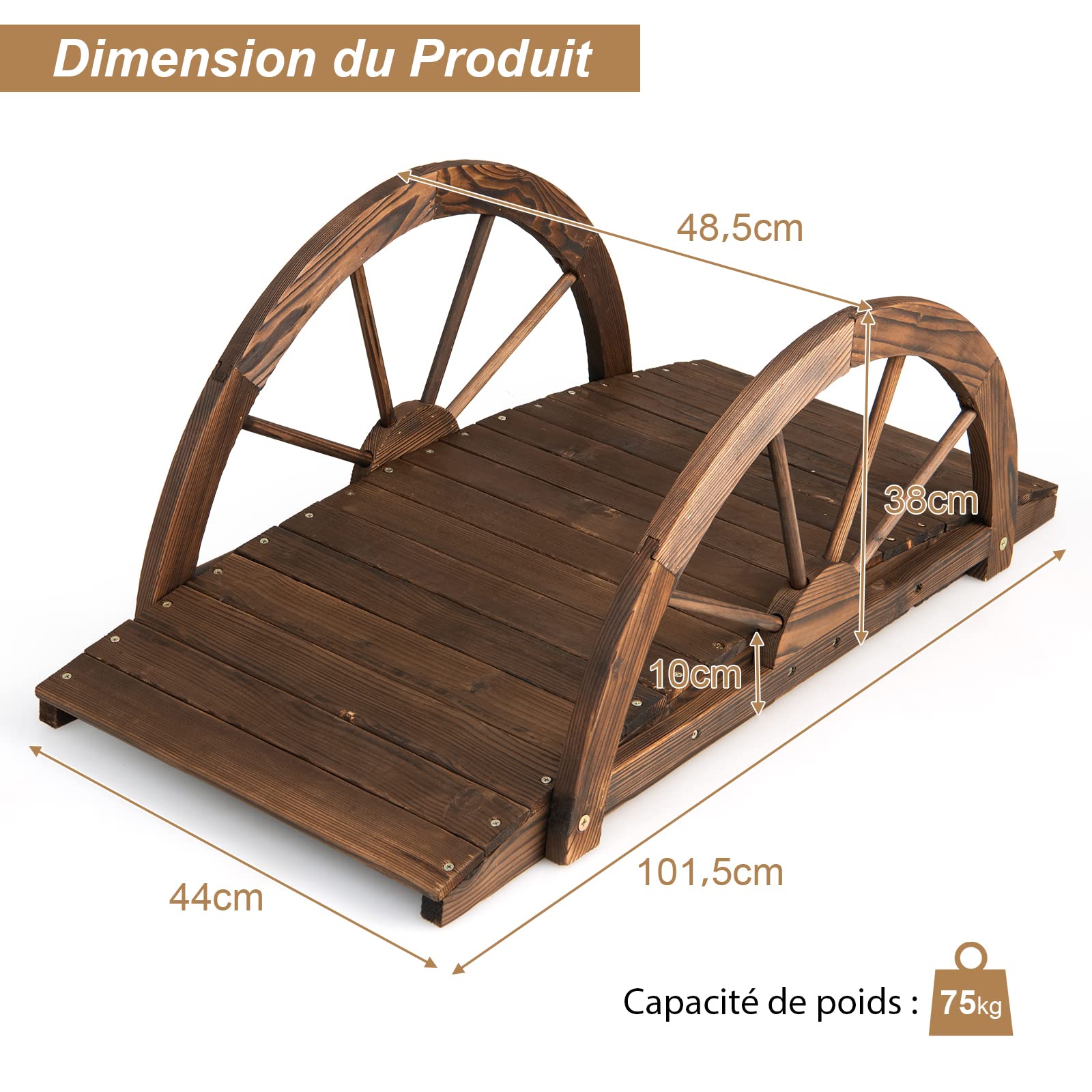 COSTWAY Pont de Jardin en Sapin Carbonisé Charge Maximale 75KG, Pont sur Étang 101,5x48,5x38CM avec des Garde-Corps en Demi-Roue, Décoration du Jardin pour Patio Cour