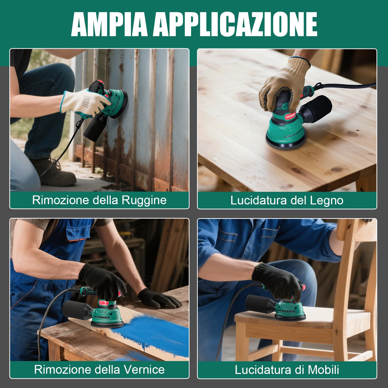 HYCHIKA Levigatrice Orbitale, 300W 12000OPM Levigatrice per Legno, 6 Velocità, con 16 Pezzi Dischi Abrasivi 125, Con Funzione di Frenata Rapida per Levigare e Lucidare il Legno