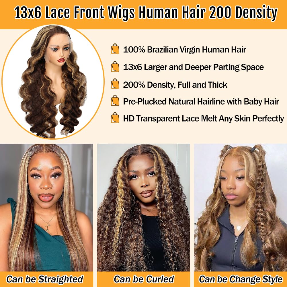 Sheeep Honey Blonde Ombre Lace Front Wigs Human Hair 4/27 Highlight 13x6 Body Wave Lace Frontal Wigs 200 Density HD Glueless Wigs Human Hair for Women 28 Inch