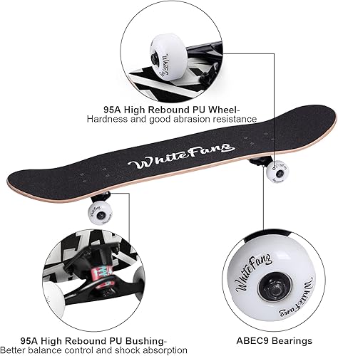 Miniatura 61 de WhiteFang Patinetas para principiantes, patineta completa de 31 x 7.88, 7 capas de arce canadiense de doble patada cóncava estándar y trucos