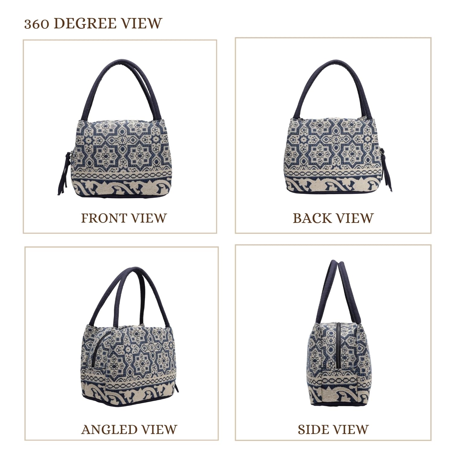 Anekaant Womens Tribal Beige & Navy Abstract Cotton Jacquard Handheld Bag 2