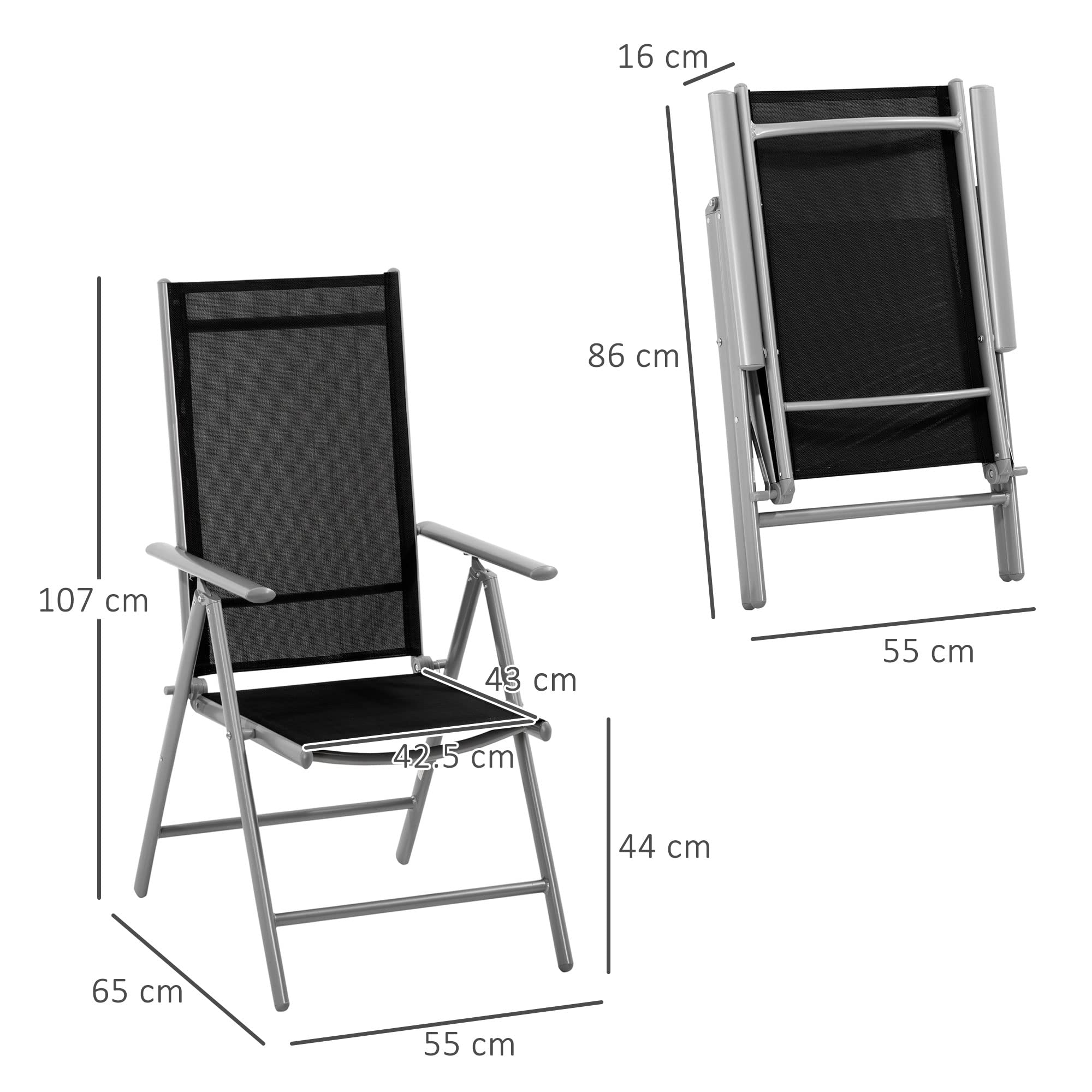 Outsunny Sedia da Giardino Pieghevole Alluminio Texteline Schienale Regolabile 7 Livelli Nero 65x55x85-105cm