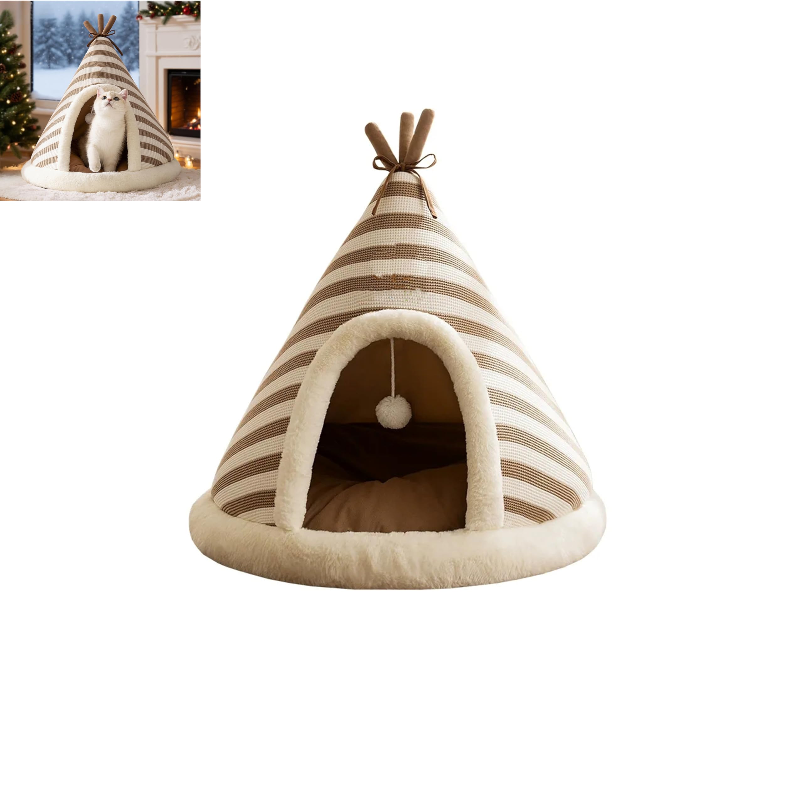 Christmas Cat Teepee Bed Tent – Cozy Indoor Pet Hideaway with Striped Design, Washable Cushion & Hanging Play Ball, Non-Slip Base, Available in S/M/L/XL (Brown, S)