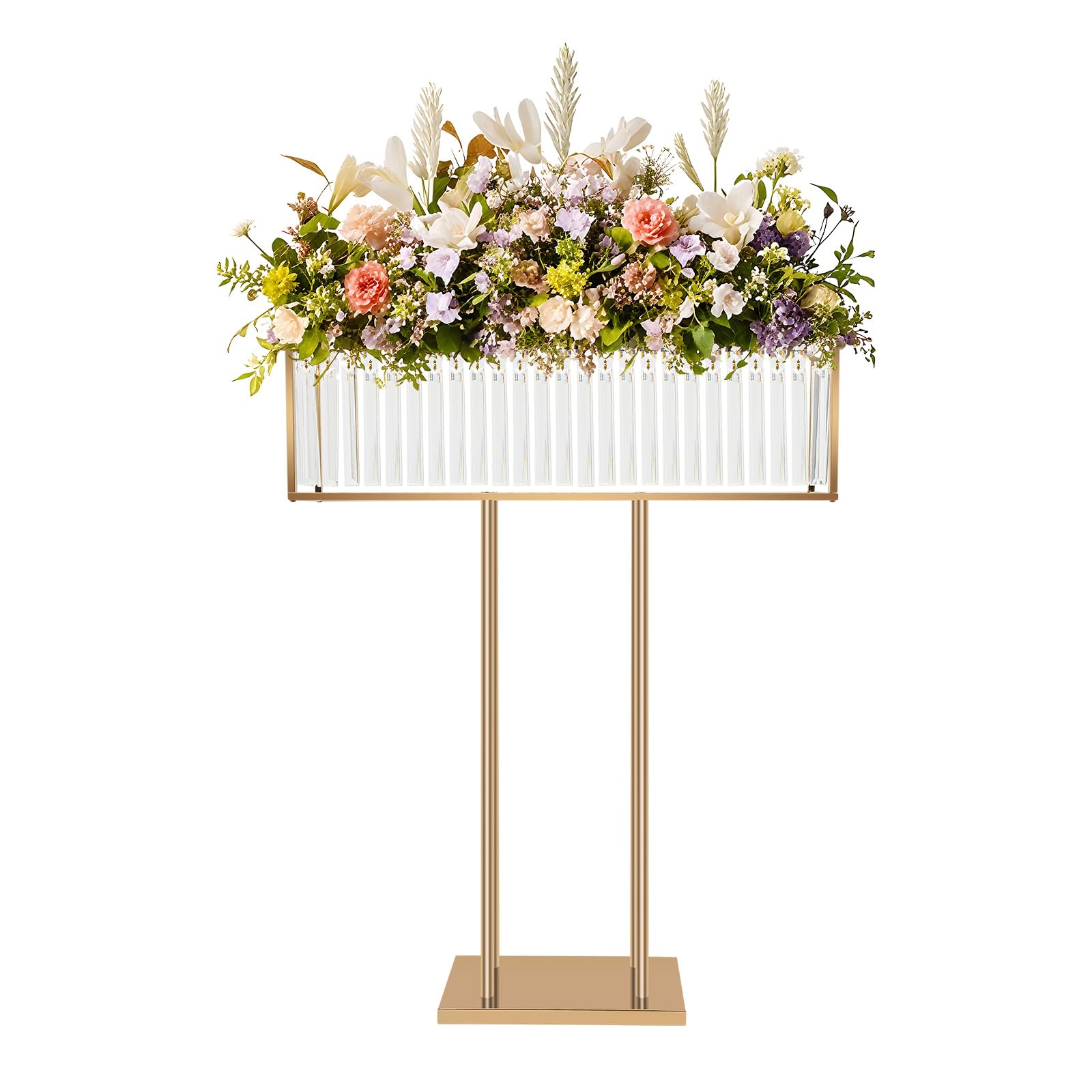 Gold Crystal Vases for Centerpieces, 35.43in Tall Metal Pedestal Wedding Centerpiece Vase, Rectangular Flower Display Stand for Wedding Reception, Birthday Party Events, Home Decor