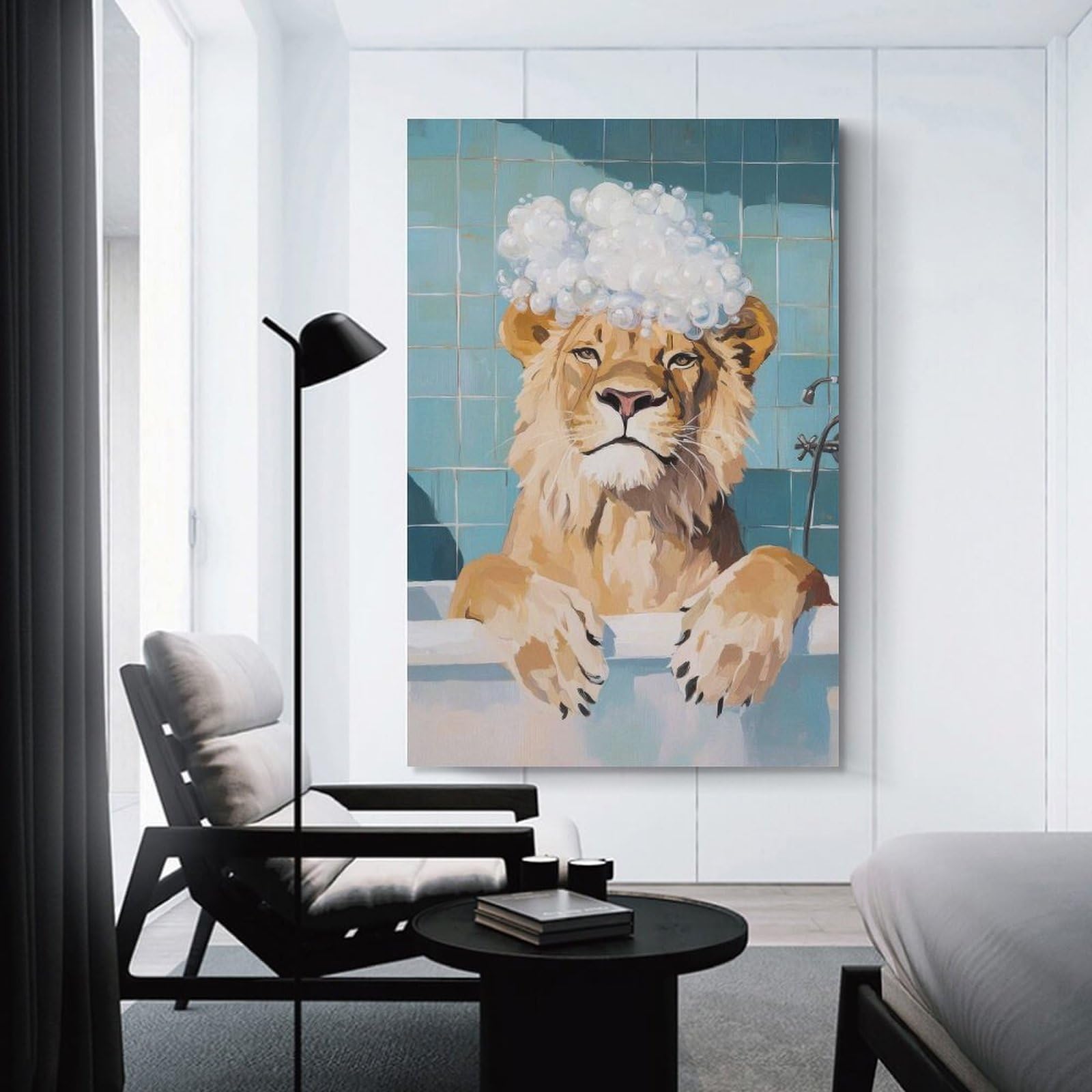 Junmoney Hanging Wall Art Lion in A Bath, 24x36inch(60x90cm), for Small Homes, Bedrooms Or Open Spaces, Wall Decor with Flexible Room Appeal