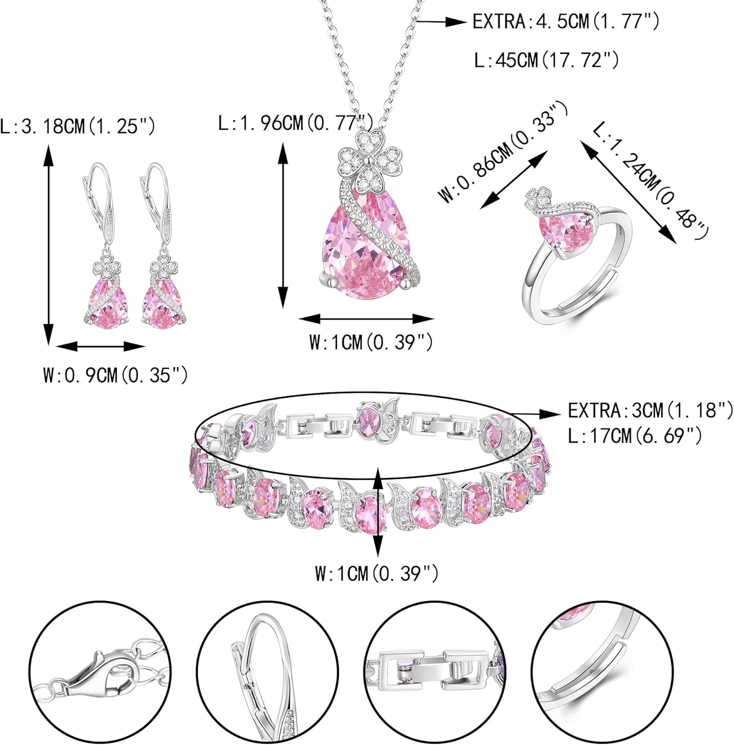 EVER FAITH Wedding Prom Four Clovers Jewelry Set for Women, Teardrop Cubic Zirconia Necklace Hoop Dangle Earrings Bracelet Open Ring Sets Anniversary Birthday Engagement Gift for Friend Lover Wife - Image 6