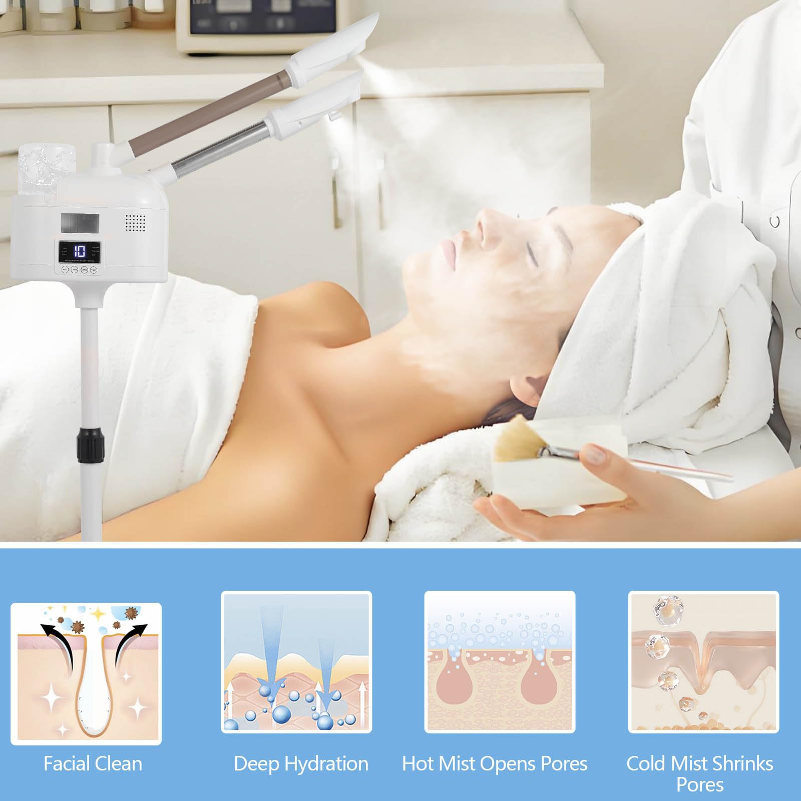 Vaporizador facial con función de niebla fría y caliente, vaporizador facial 2 en 1 con ozono para limpieza profunda e hidratación de la cara, esteticista sobre ruedas, ideal para salón de belleza y