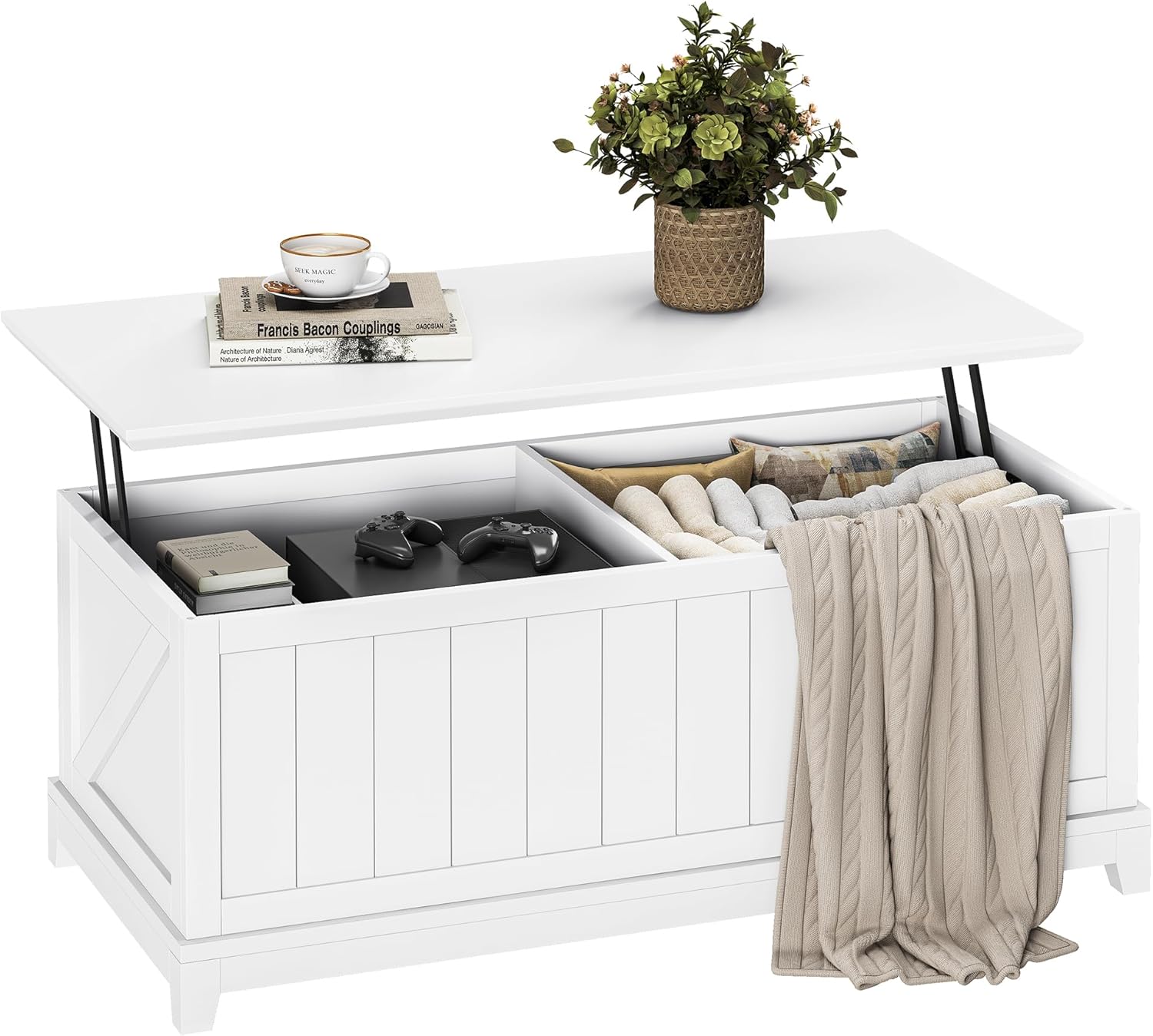 White Wood and Metal Lift-Top Storage Cocktail Table