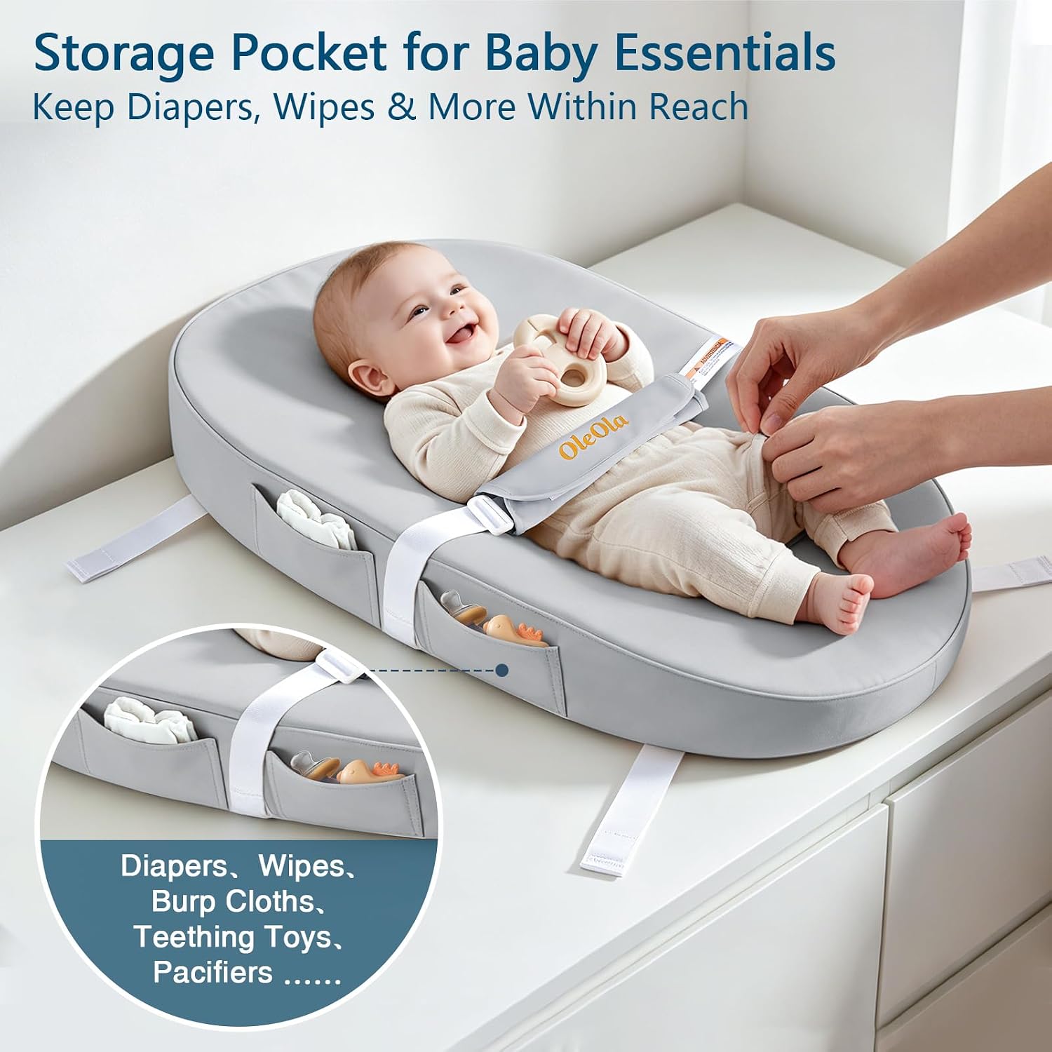 Baby Changing Pad, Waterproof & Wipeable Diaper Changing Mat, Changing Table Pads for Dresser with Safety Straps and Non-Slip Base, Soft Cushioned Foam, Lightweight(Grey)