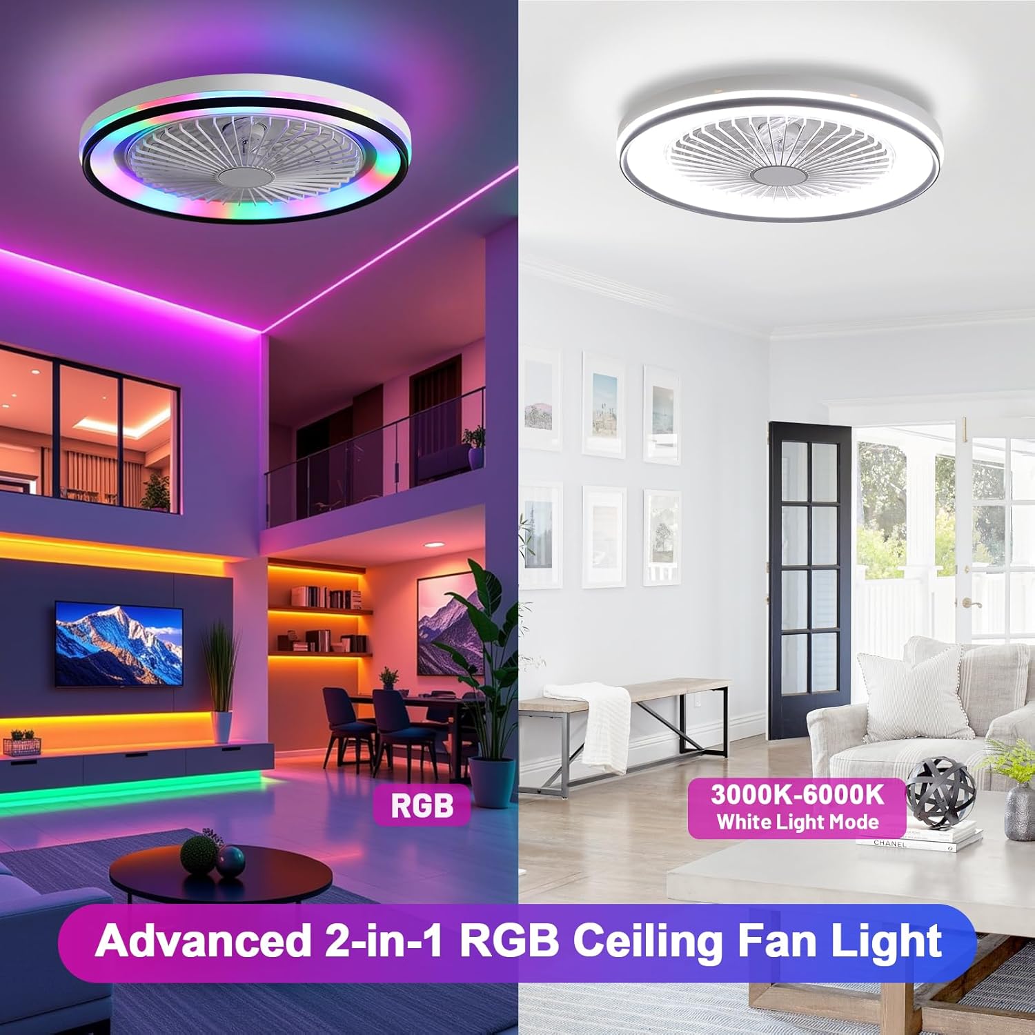 CACI Mall RGB Ceiling Fan with Lights and Remote, Low Profile Flush Mount Modern Bladeless Smart Ceiling Fan for Bedroom Kids Room Living Room, 19 Inch, White