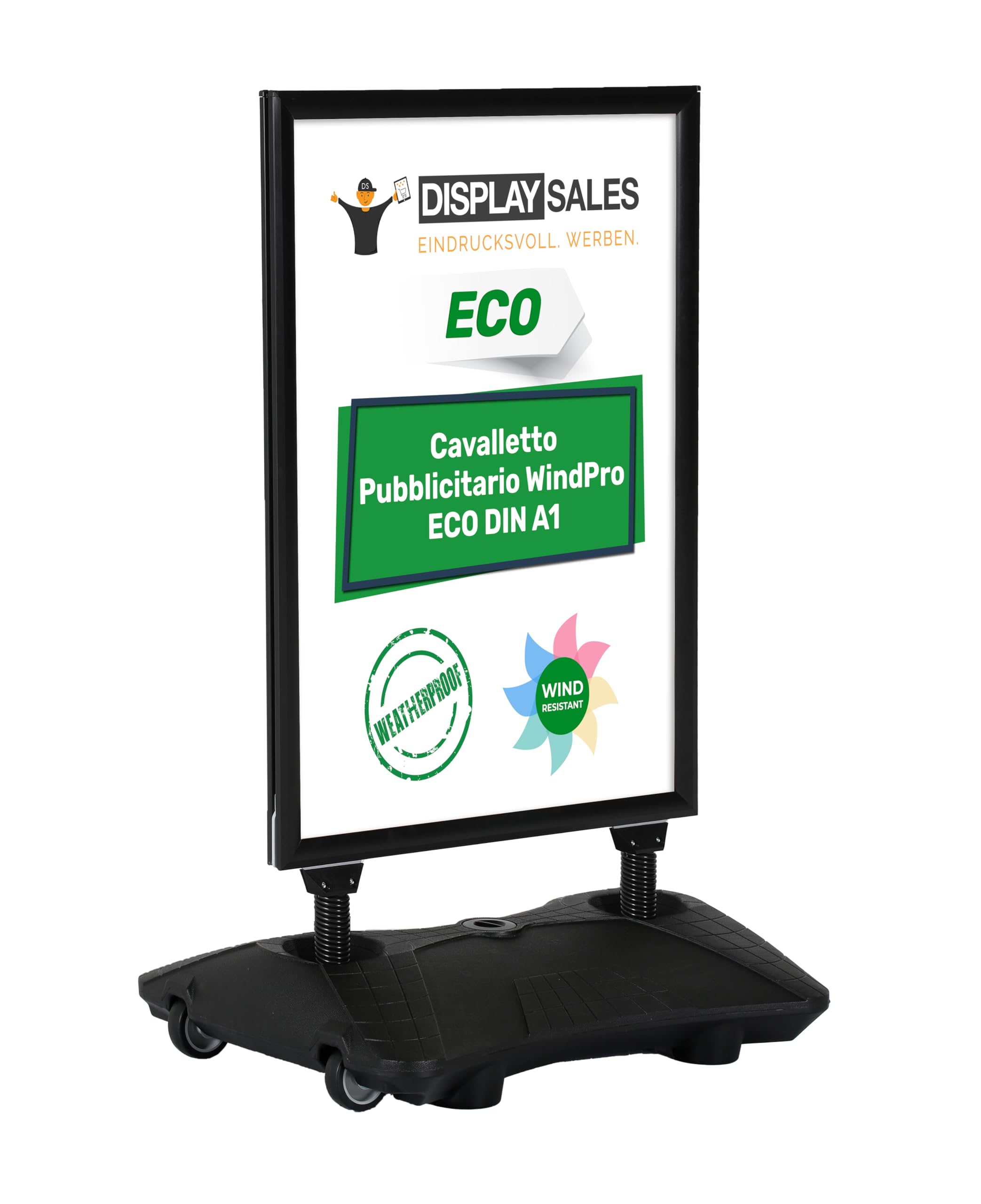 Cavalletto pubblicitario WindPro® ECO | Cartellone pubblicitario OUTDOOR in formato DIN A1 | Supporto per poster A1 in nero | Espositore pubblicitario per 2 poster