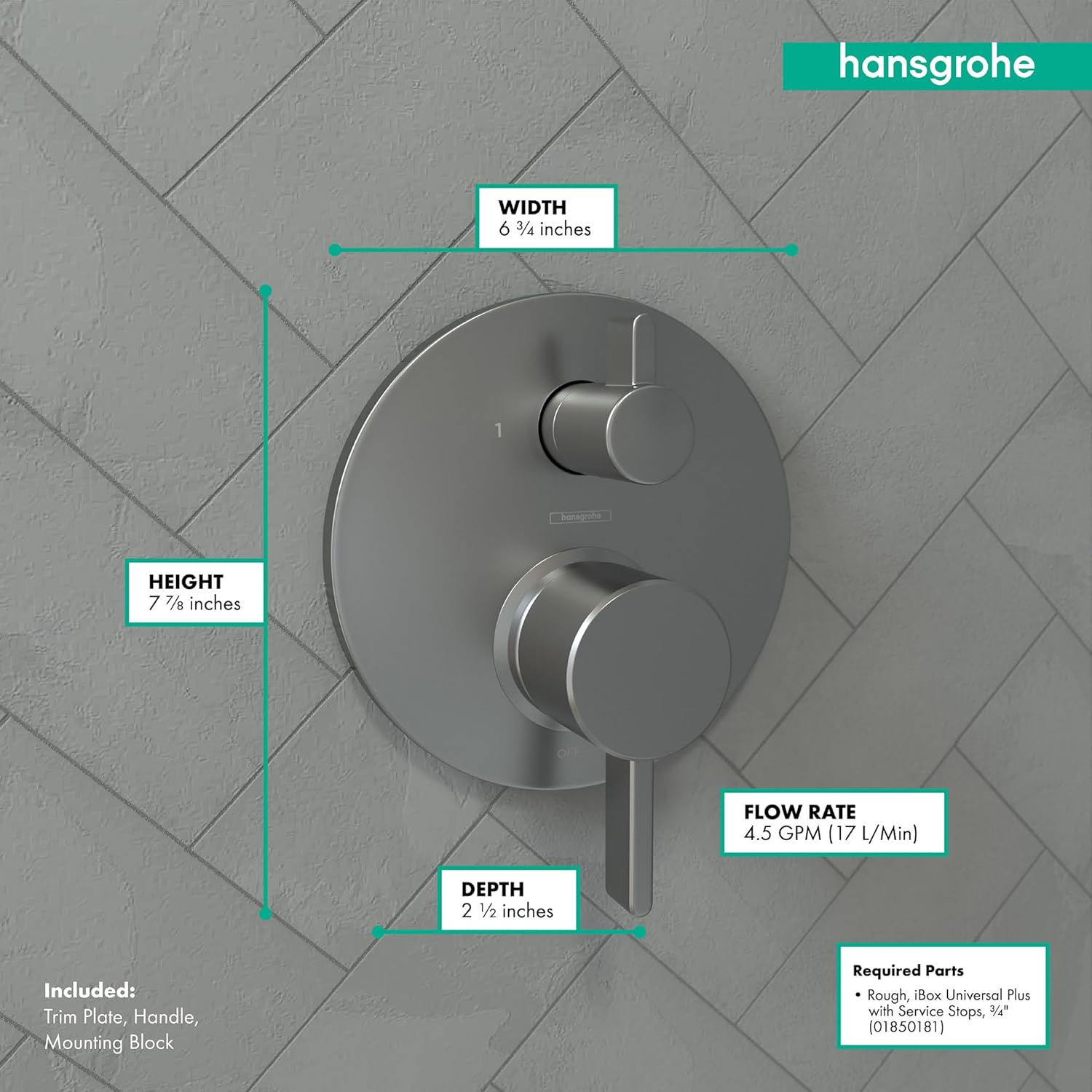 Diagram showing dimensions and required parts for hansgrohe shower valve trim