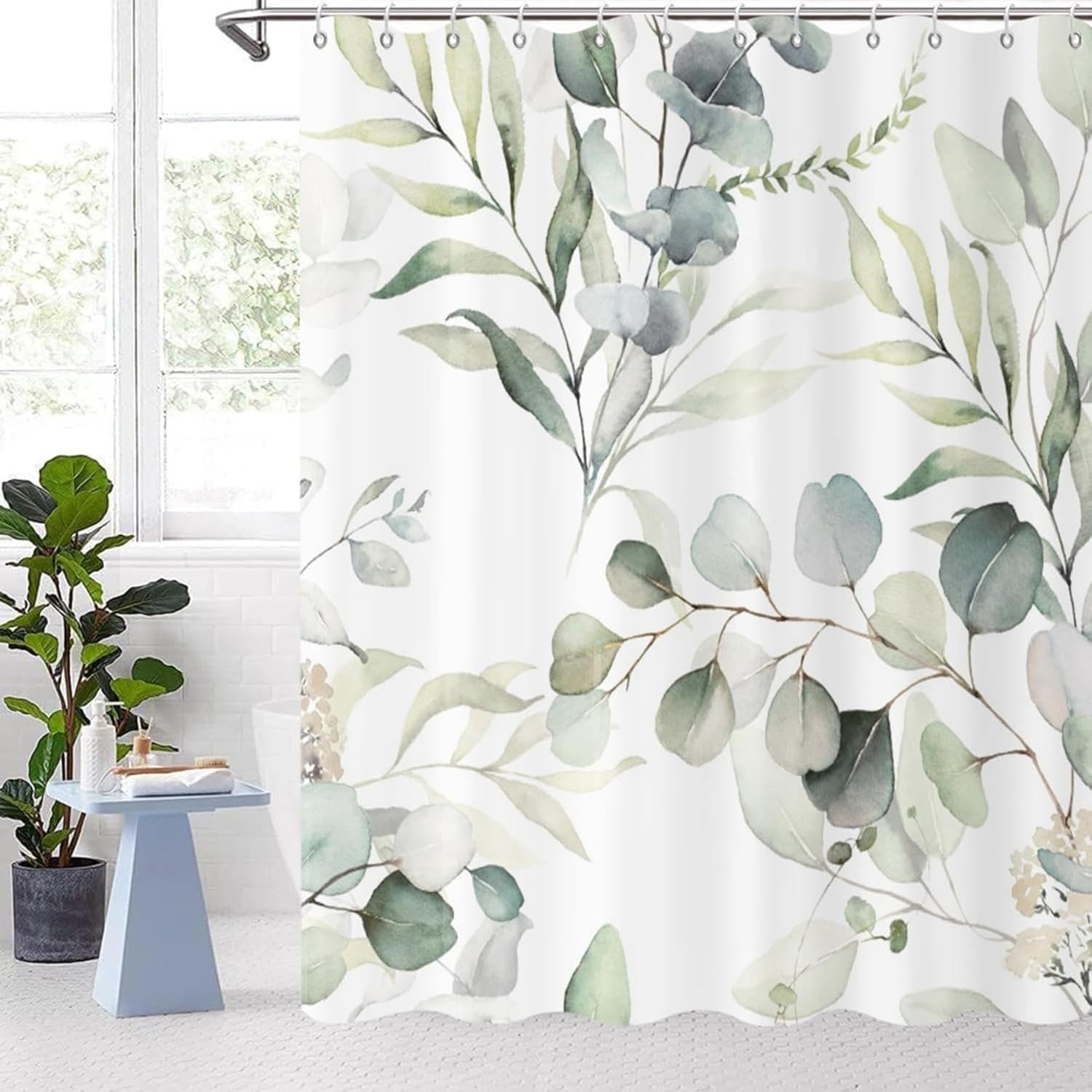 Eucalyptus Leaves Shower Curtains 72x84in（183x214cm） Modern Green Spring Botanical Watercolor Plants Fabric Bathroom Curtain for Shower Stall Bathtub Aesthetics Chic Elegant Home Decor