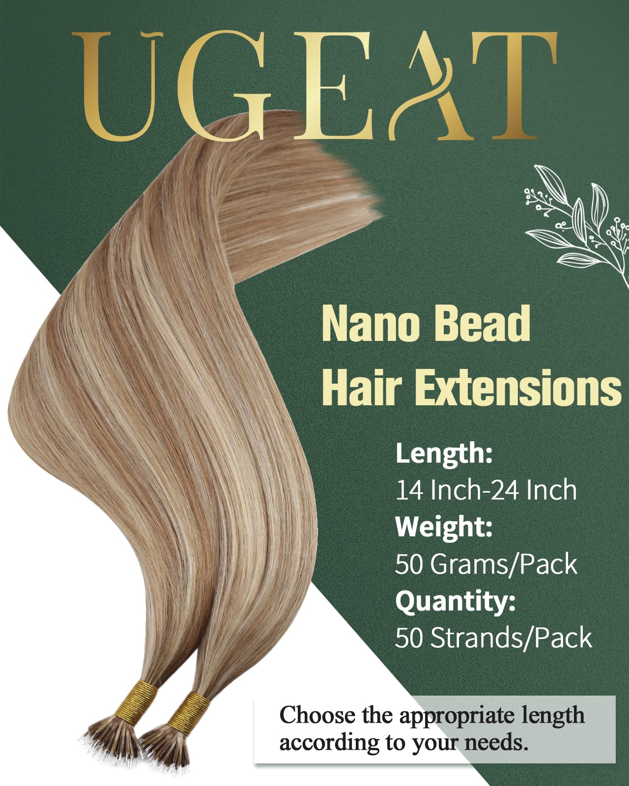 Ugeat Extensions Echthaar Nanoring Goldbraun Highlights 55 cm Extensions Echthaar Nano Highlights Blond Nano Bondings Platinblond 50g 50Strähnen P10/613