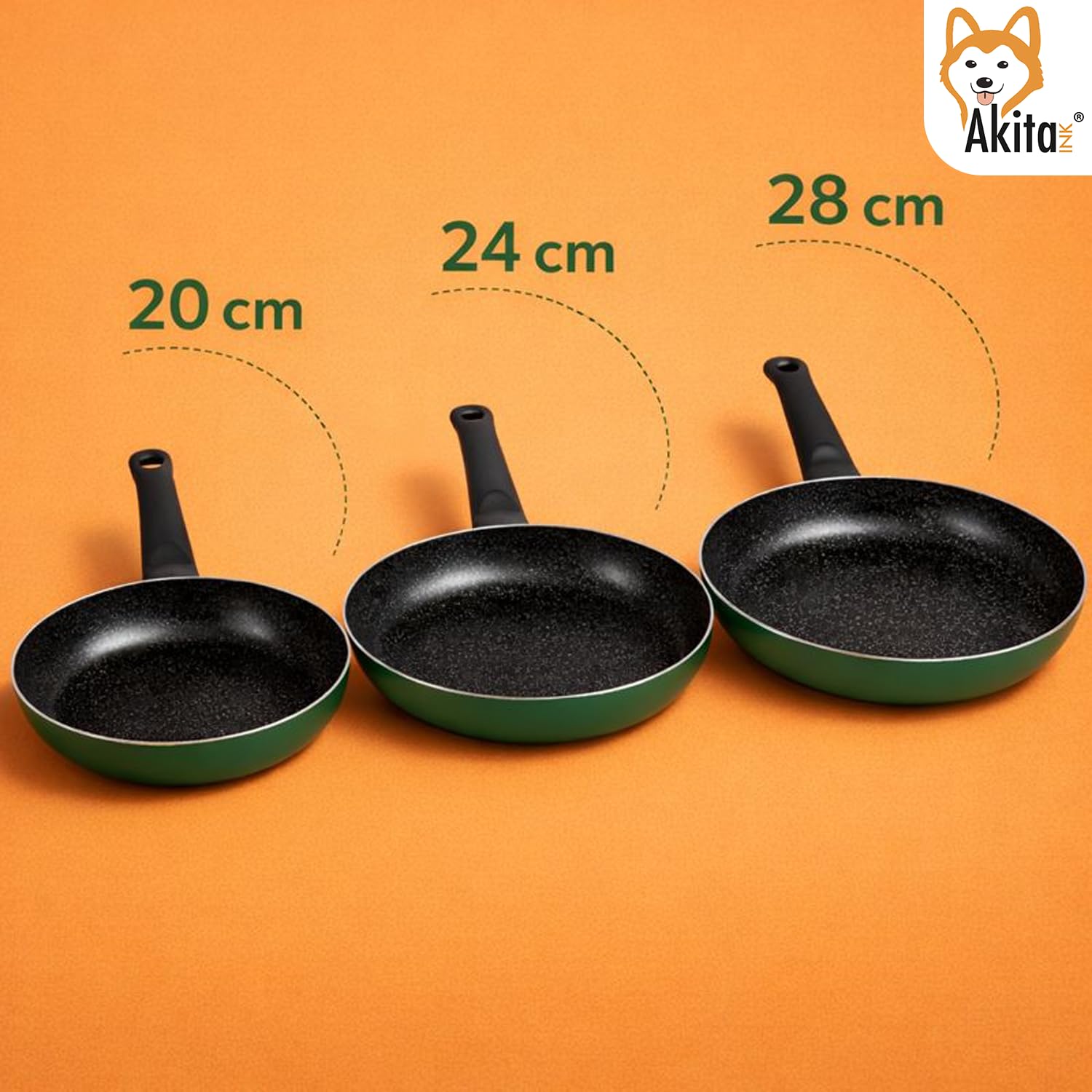 AKITAInk Set 3 Padelle Antiaderenti Natura 20–24–28 cm Verde – Padelle in Alluminio con Rivestimento Antiaderente, Cottura Uniforme e Facile Pulizia, PFOA FREE, Nickel Cadmium, Senza Nichel, Cadmio