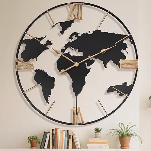Miniatura 13 de Reloj de pared grande de 24 pulgadas, reloj decorativo moderno y silencioso de metal con mapa mundial para decoración de sala de estar, gran reloj