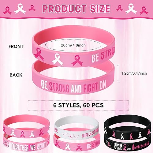 Miniatura 2 de Aoriher 60 pulseras de silicona para concientización sobre el cáncer de mama, con cinta rosa a granel, pulseras de silicona para concientización