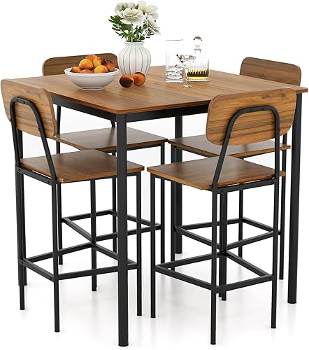 Giantex Juego de mesa de comedor de 5 piezas con mesa de altura de mostrador y 4 taburetes de bar, juego de mesa de comedor de cocina industrial con