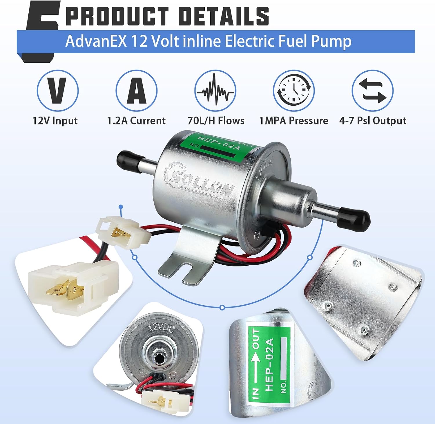 Electric Fuel Pump 12V Universal Low Pressure 12 Volt Transfer Inline Fuel Pump for Lawn Mower Carburetor Motorcycle ATV Trucks Boats Gas Diesel Engine 3-6PSI HEP-02A