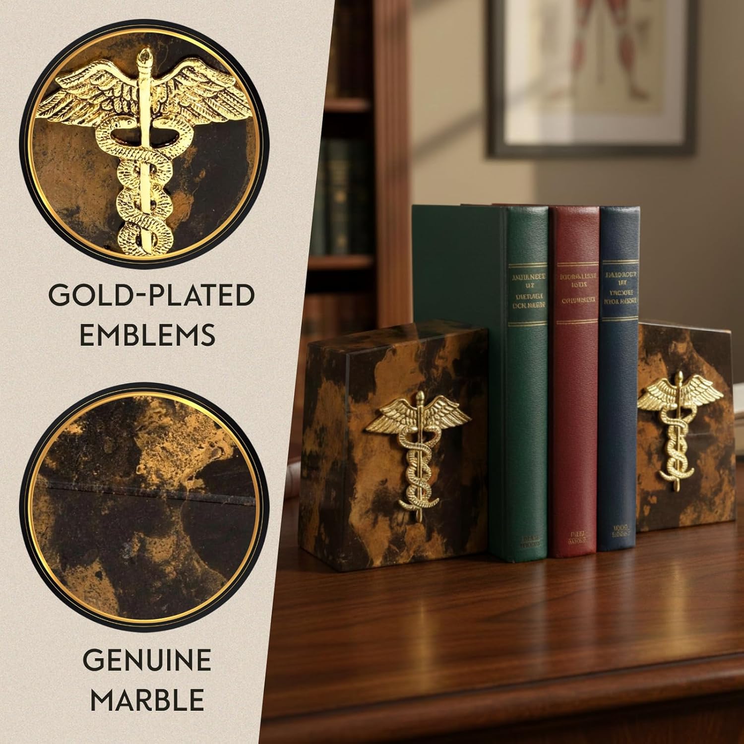 Bey-Berk “Apollo” Tiger Eye Marble Caduceus Bookends (Set of 2), 4.5" x 2" x 6" Wedge Book Ends, 8 lb Brown/Gold Medical Desk Decor